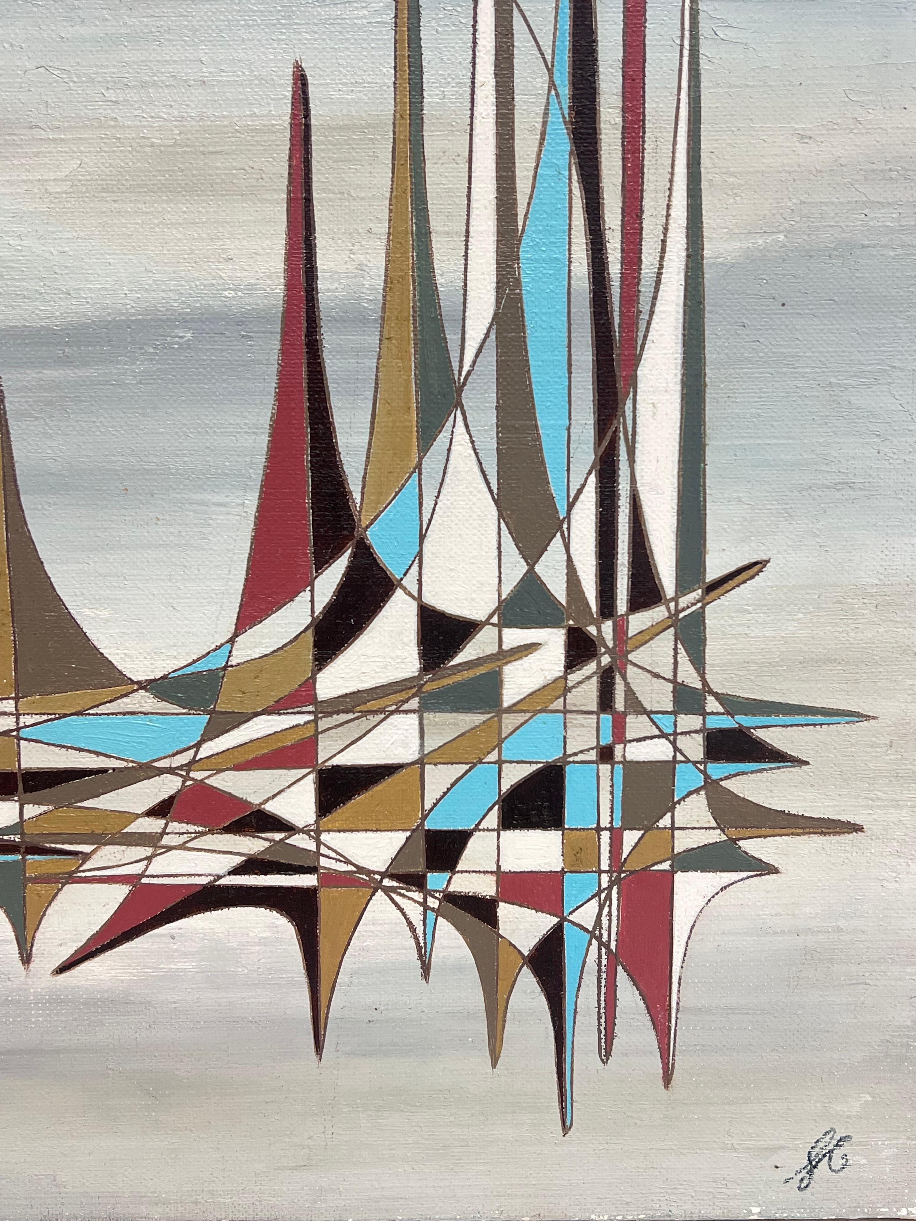 Abstraktes surrealistisches Ölgemälde in Grau, Französisch, farbenfrohe, geometrische Spiralen, abstrakt im Angebot 1