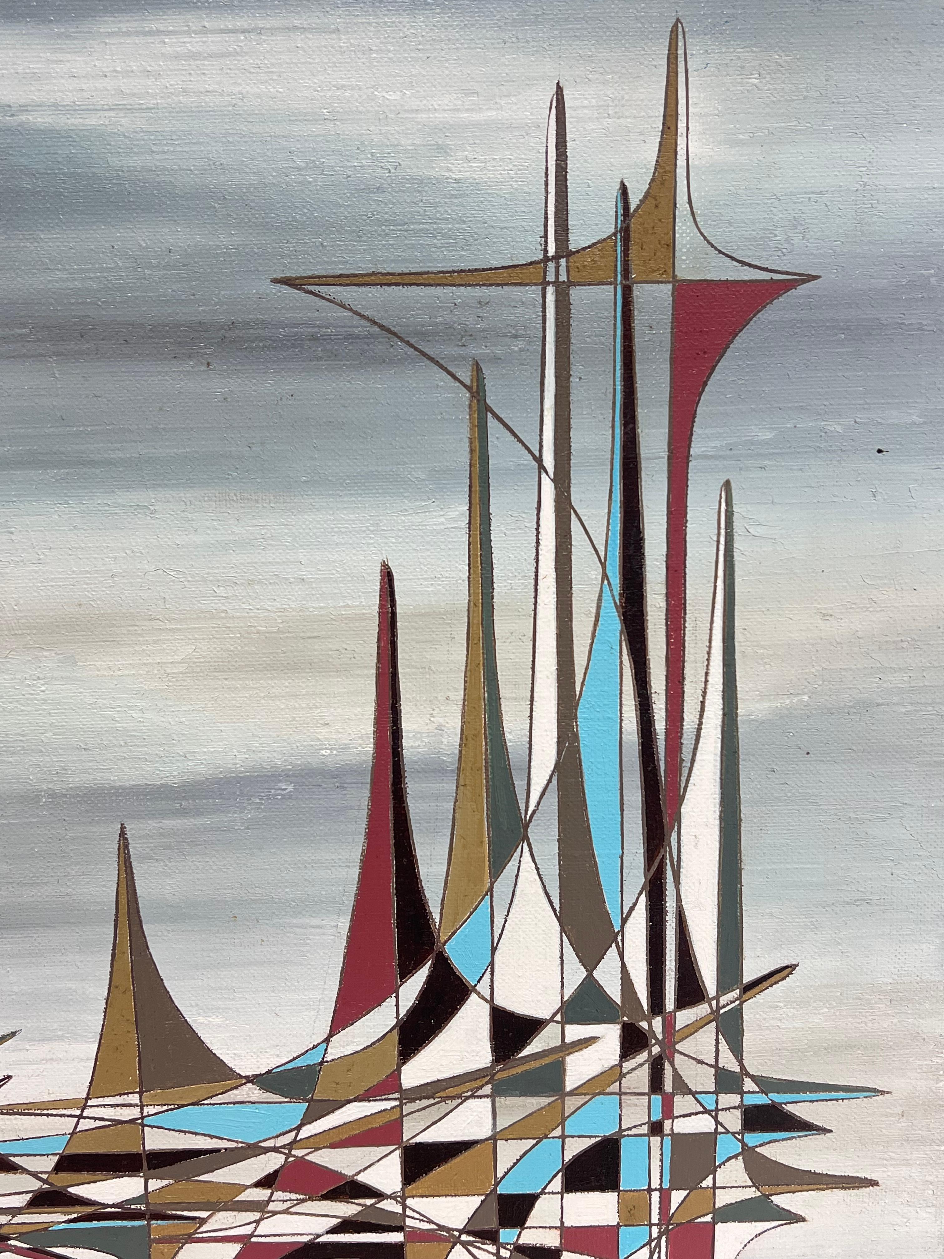 Abstraktes surrealistisches Ölgemälde in Grau, Französisch, farbenfrohe, geometrische Spiralen, abstrakt im Angebot 2