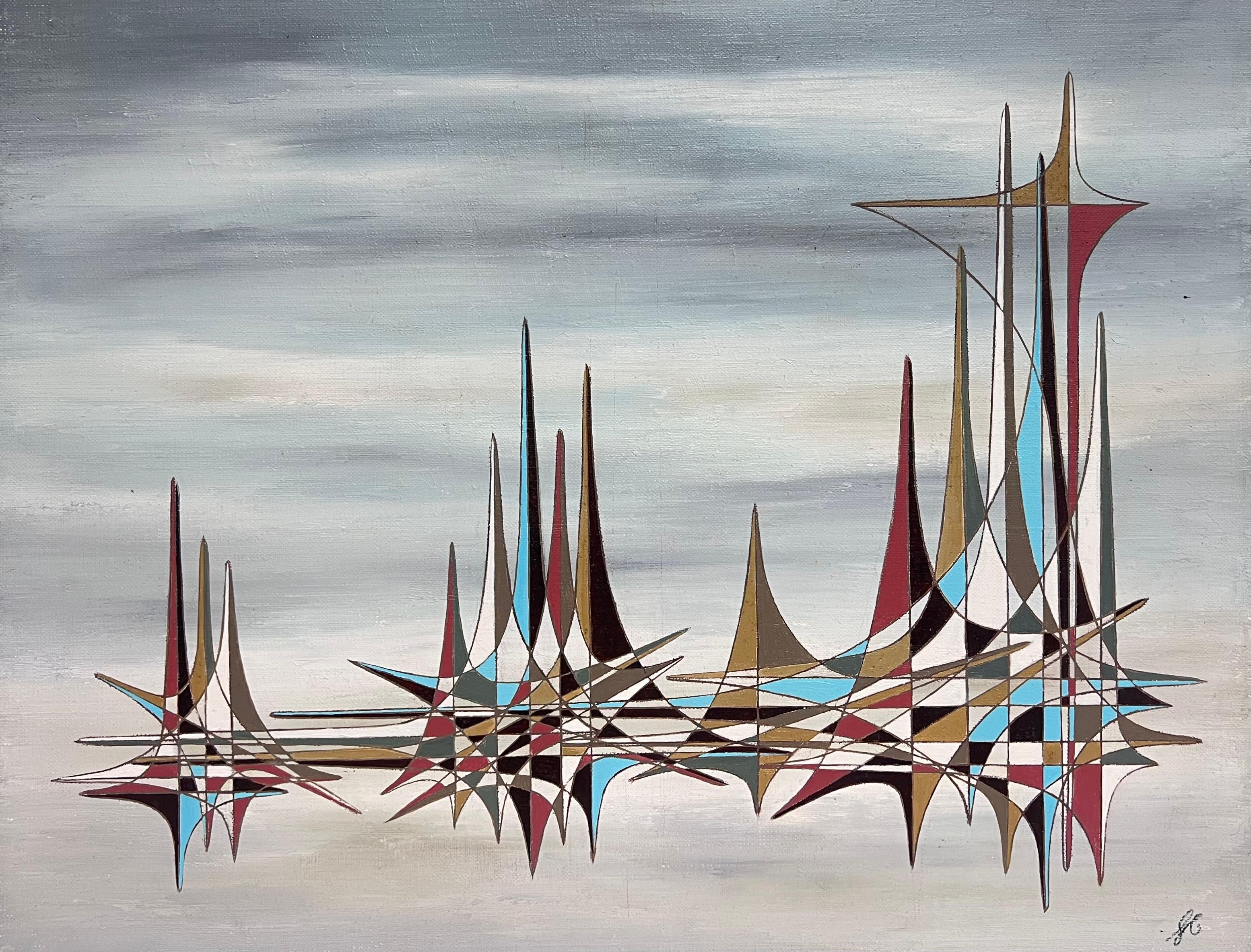 Peinture à l'huile surréaliste abstraite grise française en spirales géométriques colorées