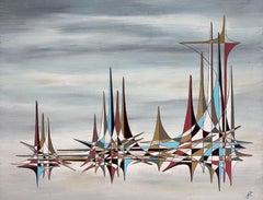 Pittura ad olio surrealista astratta francese colorata con guglie geometriche