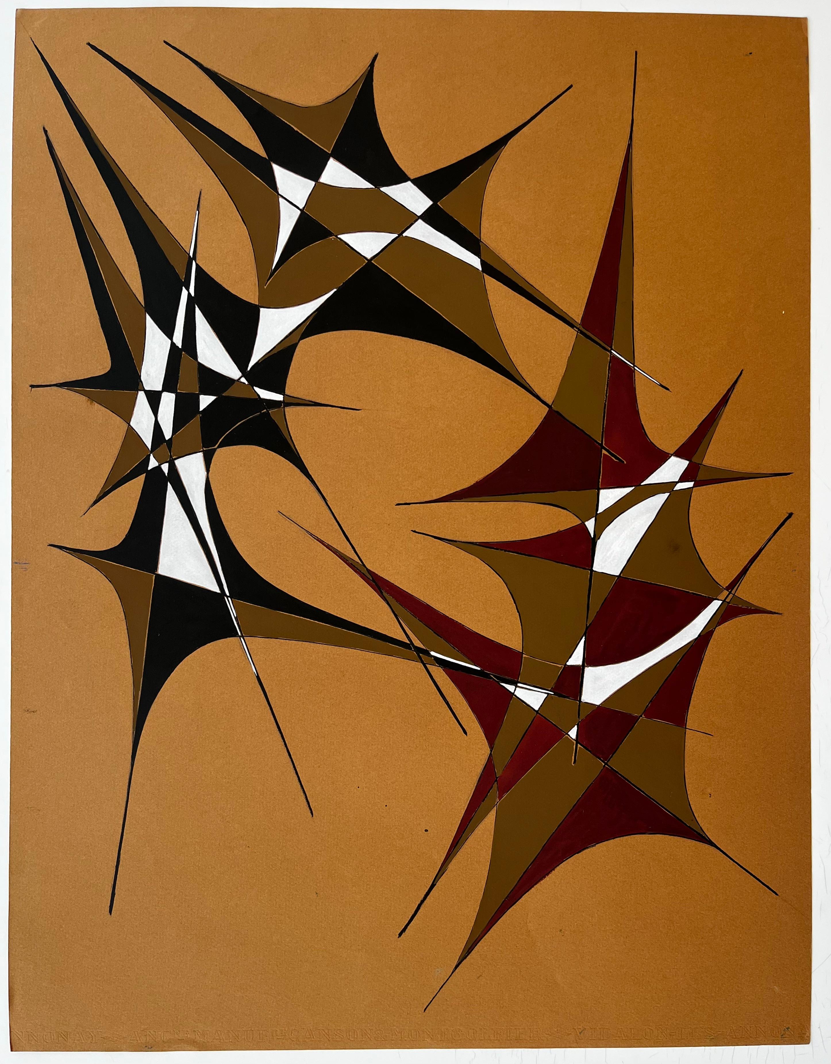 Ineinander greifende Gouache-Formen auf ockerfarbenem Papier von Serge Guerin Französisch b1916 (Geometrische Abstraktion), Art, von Serge Guerin (1916)