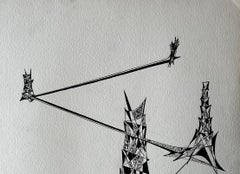 Mid Century French Abstract Architectural Drawing in Black Ink