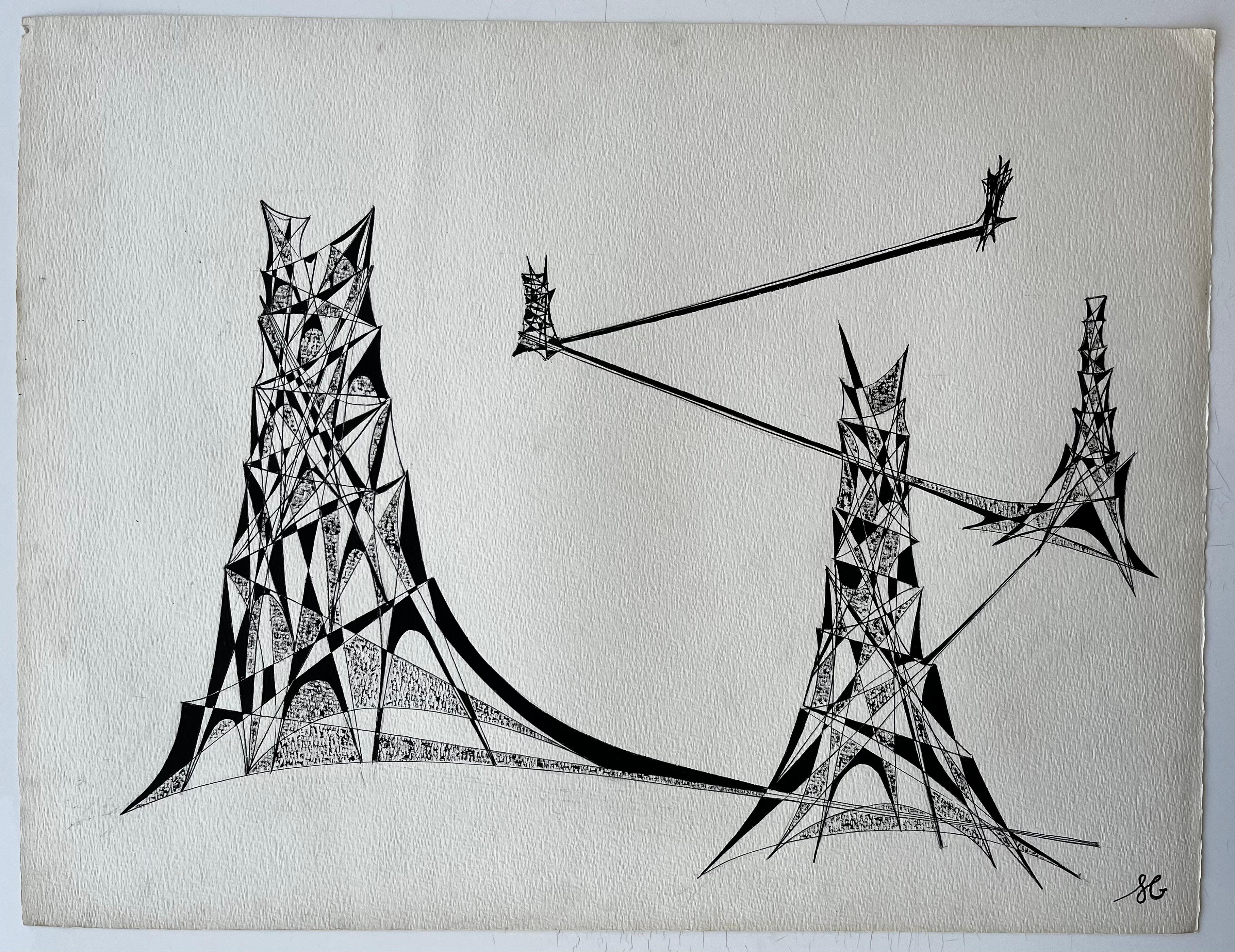 Title: Mid Century French Abstract Architectural Drawing in Black Ink
by Serge Guerin (b. 1916), French
Signed lower right “SG”
Black ink on paper, unframed
Size: 19.75 (height) x 25.75 (width) inches
Provenance: overall good and sound; slight age