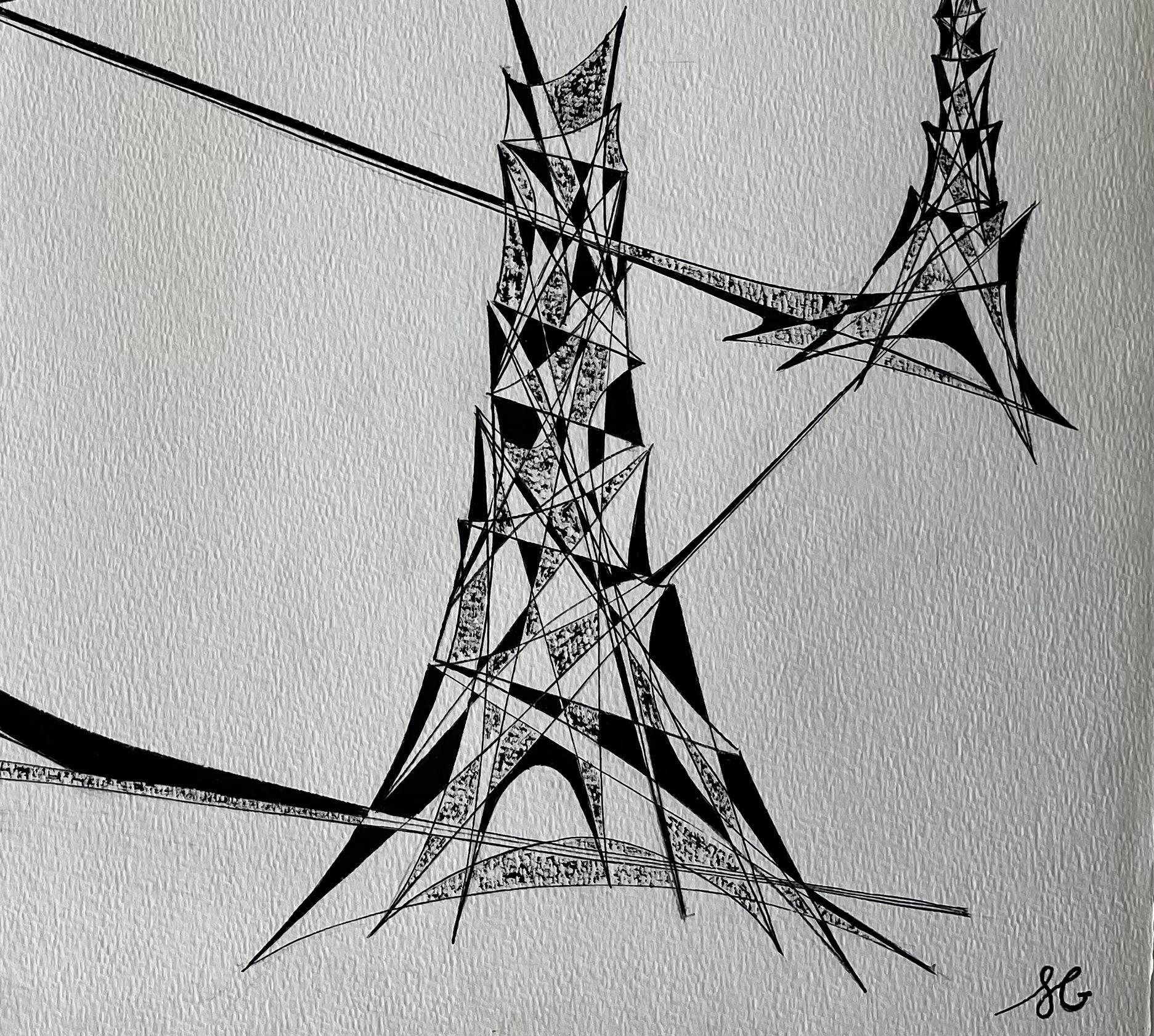 Mid Century French Abstract Architectural Drawing in Black Ink For Sale 1