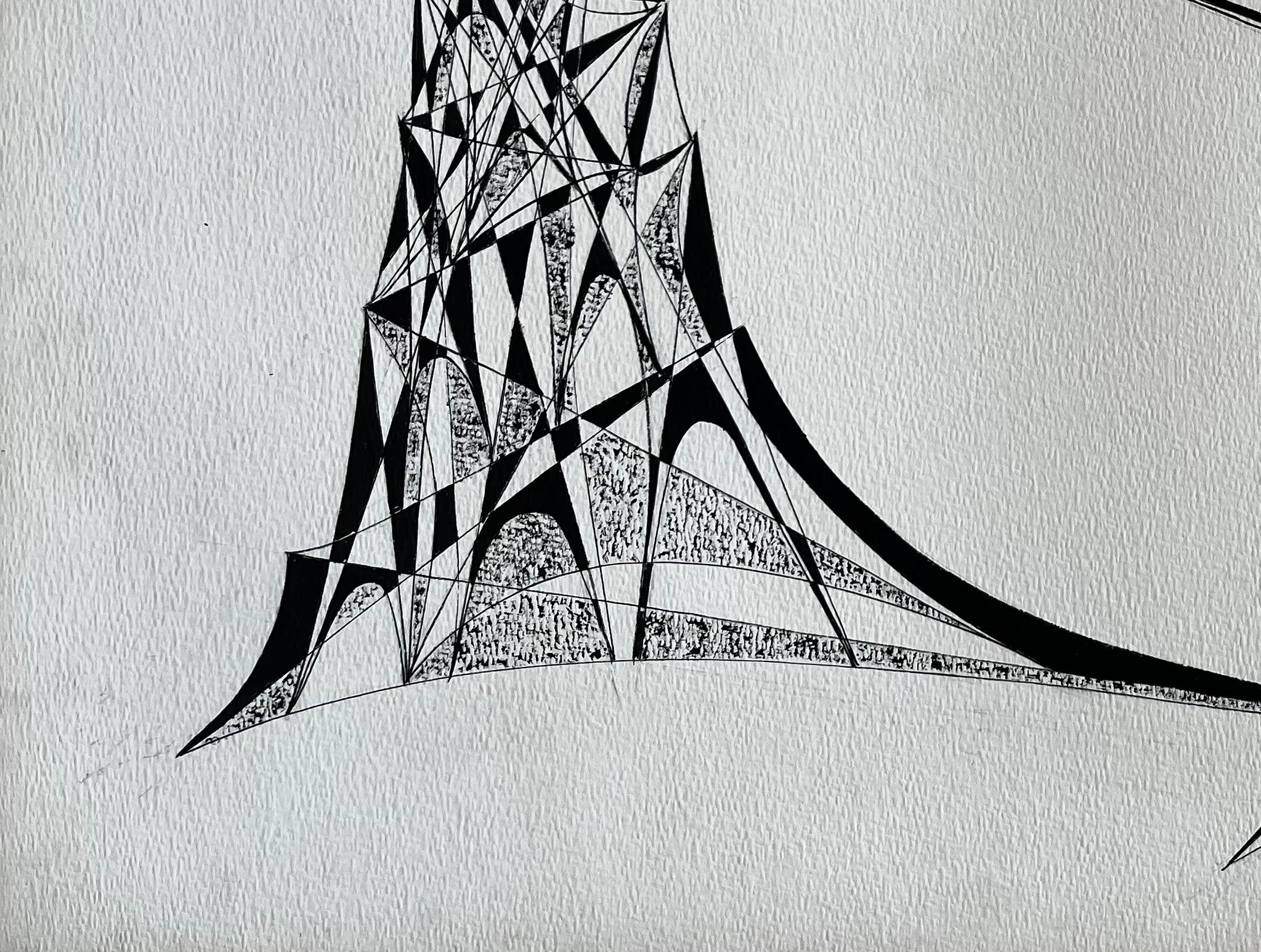 Mid Century French Abstract Architectural Drawing in Black Ink For Sale 2