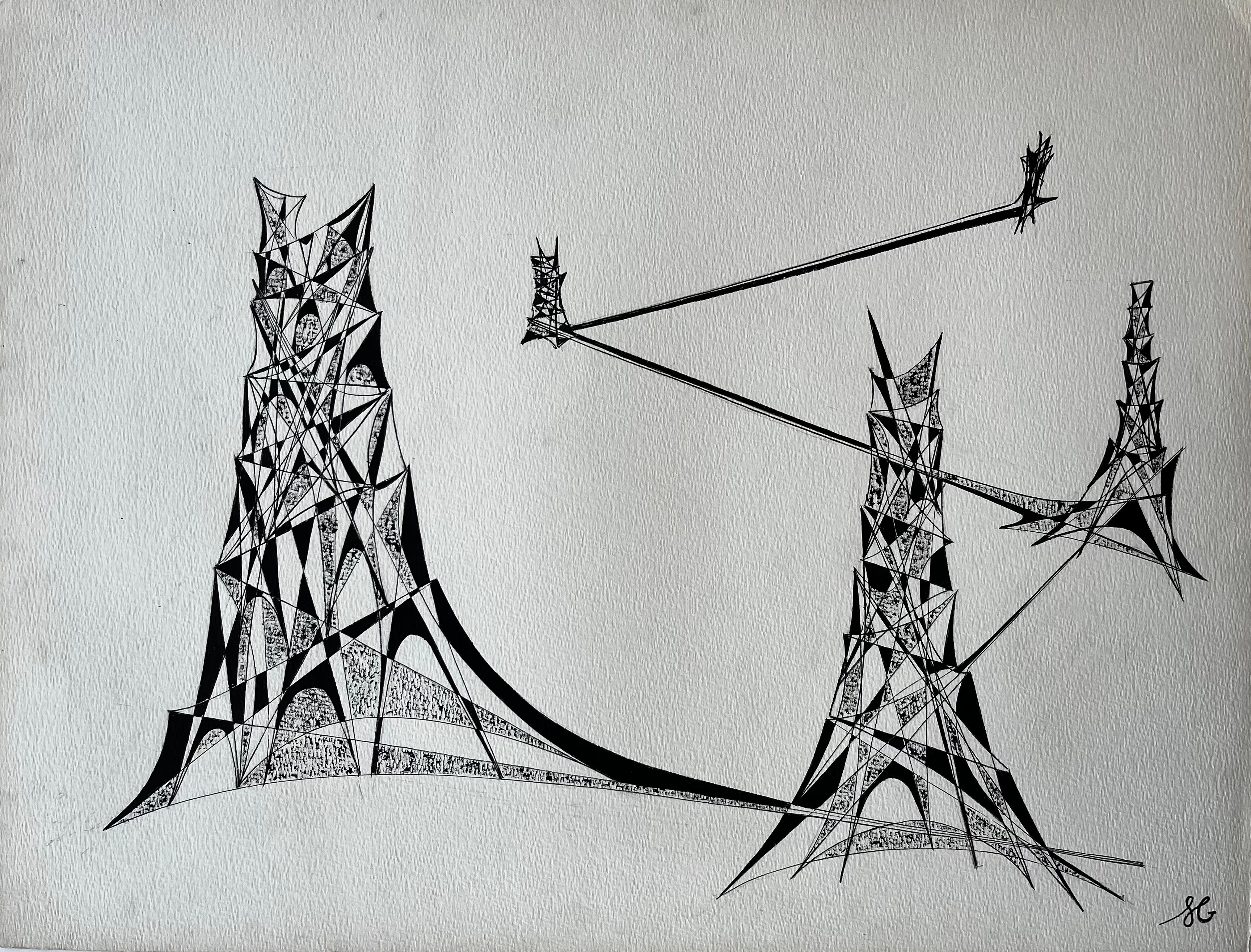 Mid Century French Abstract Architectural Drawing in Black Ink - Art by Serge Guerin (1916)
