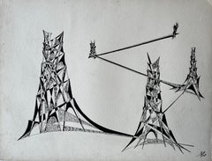 Mid Century French Abstract Architectural Drawing in Black Ink