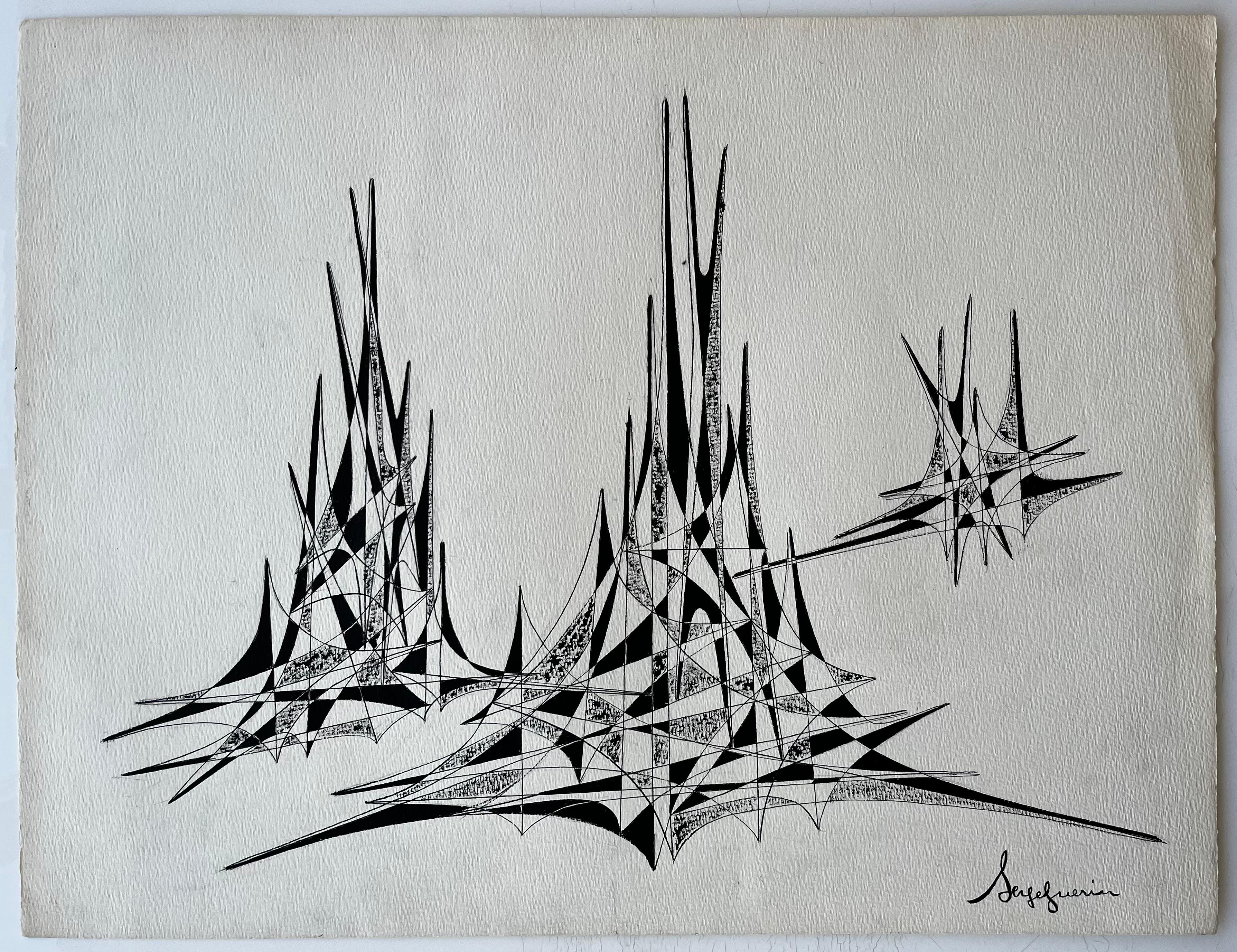 Mid Century French Abstract Architectural Ink Drawing Signed Serge Guerin - Abstract Geometric Art by Serge Guerin (1916)