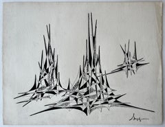 Mid Century French Abstract Architectural Ink Drawing Signed Serge Guerin