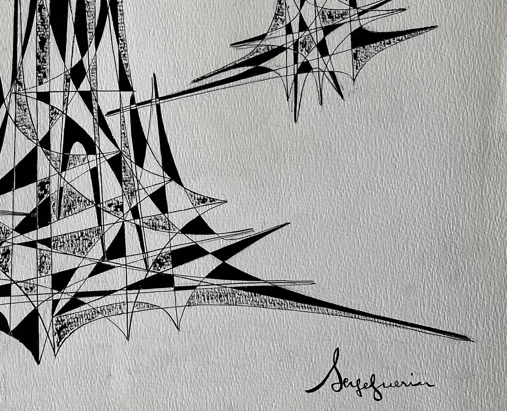 Title: Mid Century French Abstract Architectural Ink Drawing Signed Serge Guerin
by Serge Guerin (b. 1916), French
signed lower right “Serge Guerin”, name stamped verso
Black ink on paper, unframed
Size: 19.75 (height) x 25.75 (width)