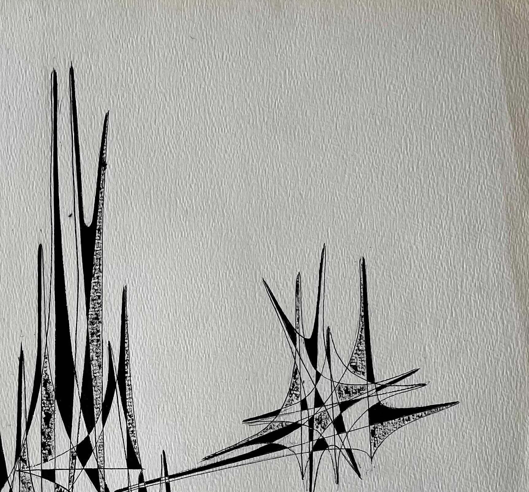 Mid Century French Abstract Architectural Ink Drawing Signed Serge Guerin For Sale 1