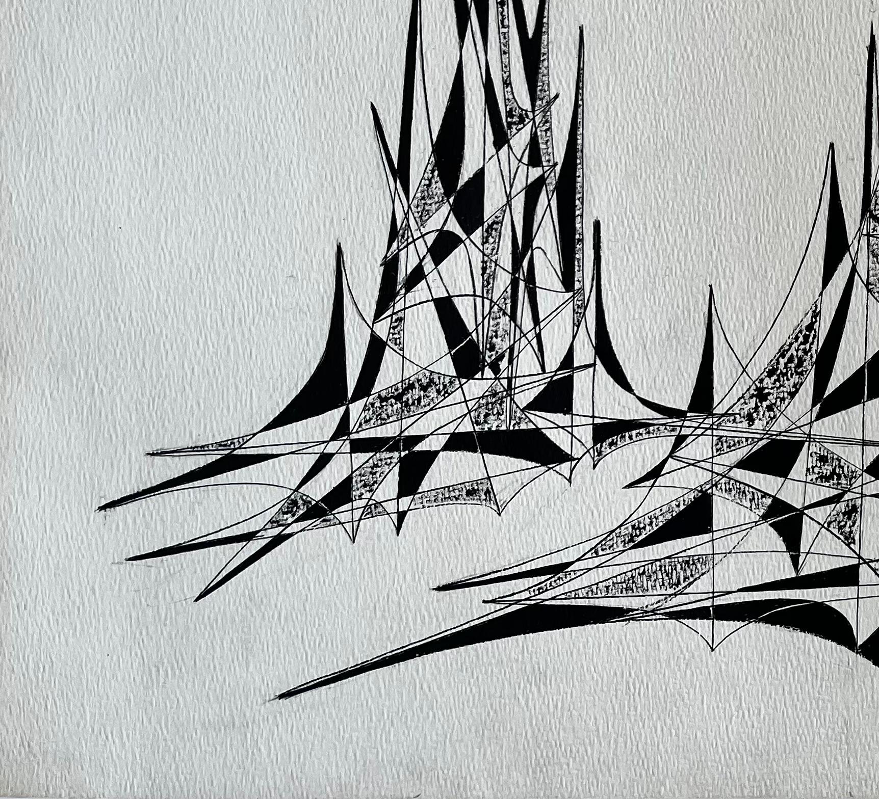 Mid Century French Abstract Architectural Ink Drawing Signed Serge Guerin For Sale 2