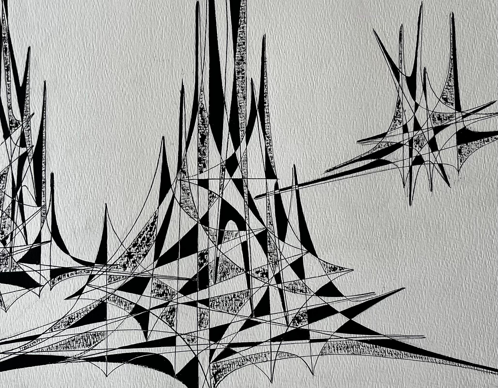 Mid Century French Abstract Architectural Ink Drawing Signed Serge Guerin For Sale 4