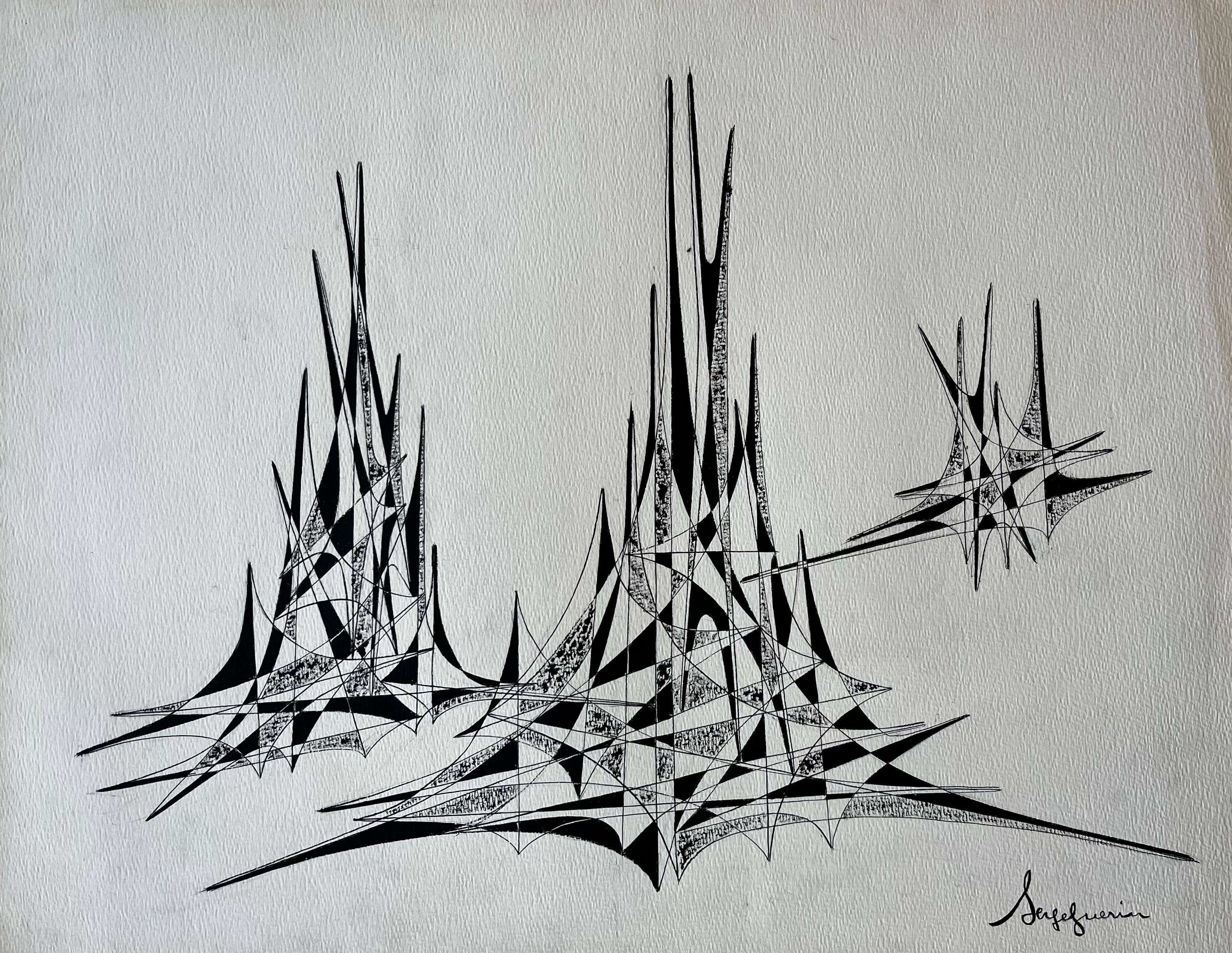 Mid Century French Abstract Architectural Ink Drawing Signed Serge Guerin