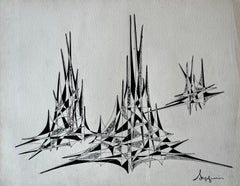 Mid Century French Abstract Architectural Ink Drawing Signed Serge Guerin