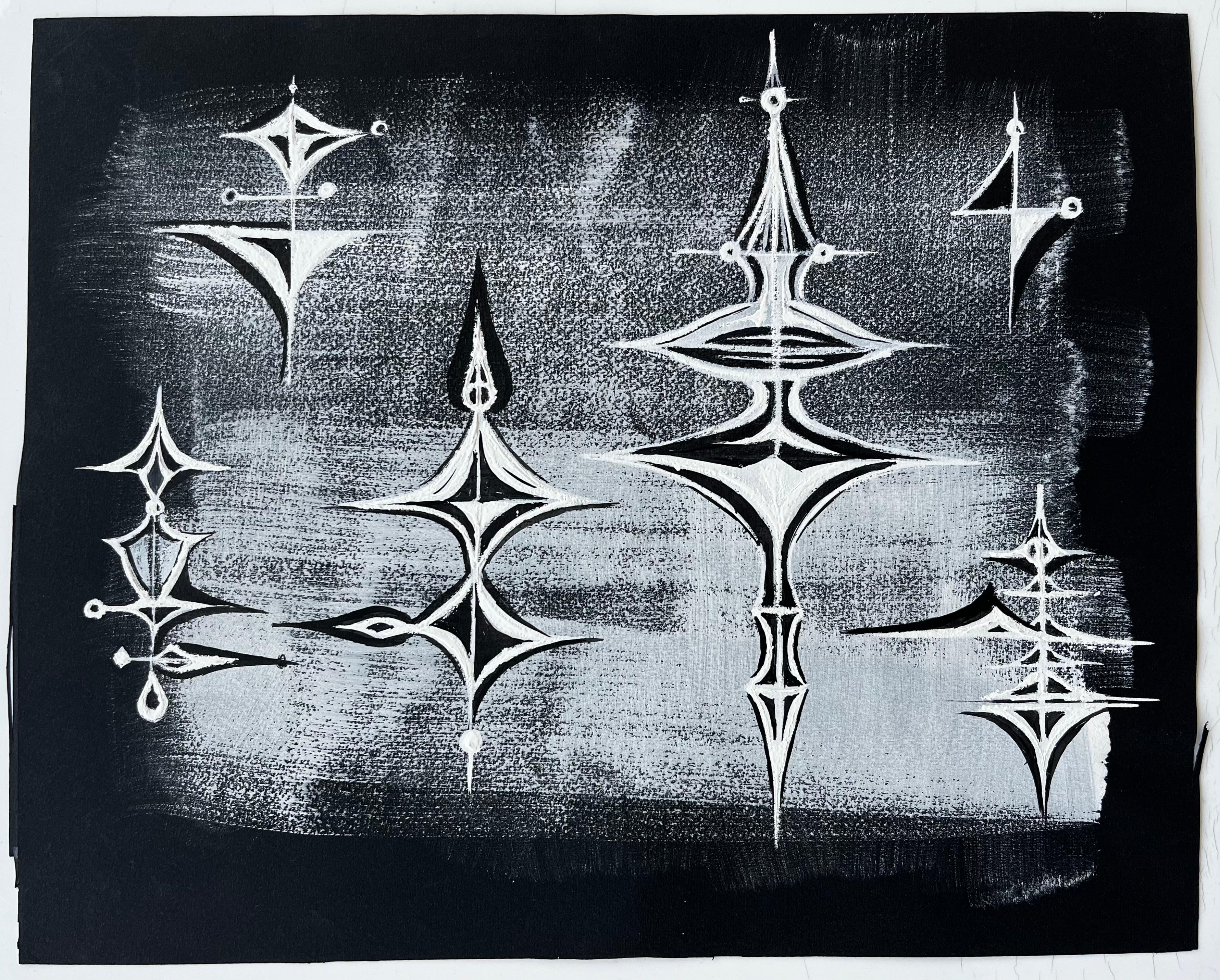 Mid Century Französisch abstrakte kosmische Komposition weiß auf schwarzem Papier – Painting von Serge Guerin (1916)