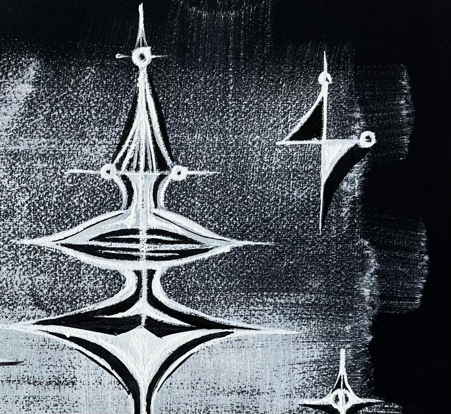 Mid Century Französisch abstrakte kosmische Komposition weiß auf schwarzem Papier (Geometrische Abstraktion), Painting, von Serge Guerin (1916)