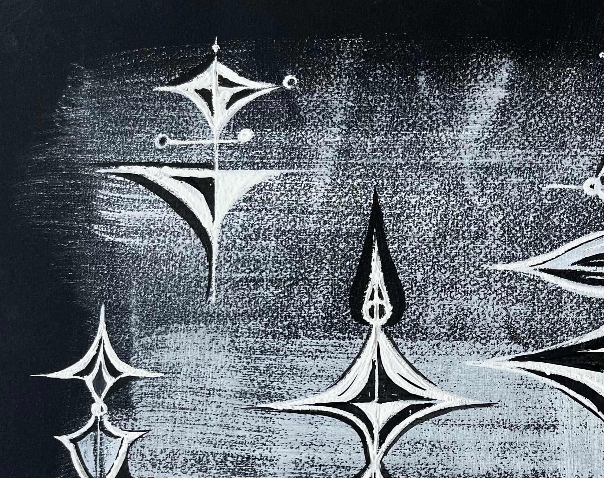 Mid Century Französisch abstrakte kosmische Komposition weiß auf schwarzem Papier (Schwarz), Abstract Painting, von Serge Guerin (1916)