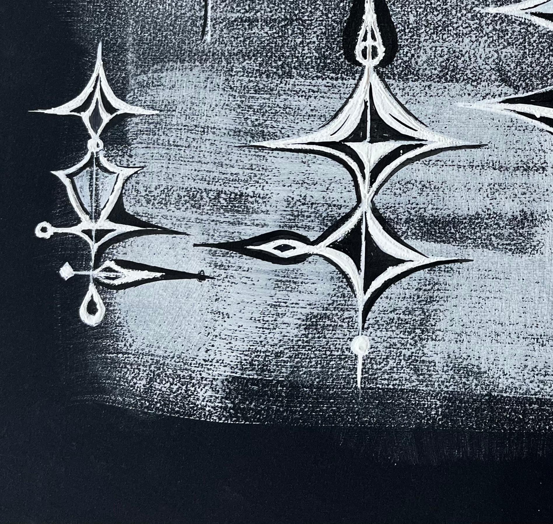 Titel: Mid Century French Abstrakte Kosmische Komposition Weiß auf Schwarzem Papier
von Serge Guerin (geb. 1916), Franzose
Weiße Tinte und Gouache auf schwarzem Papier, ungerahmt
Größe: 11,25 (Höhe) x 14,25 (Breite) Zoll
Provenienz: Privatsammlung,