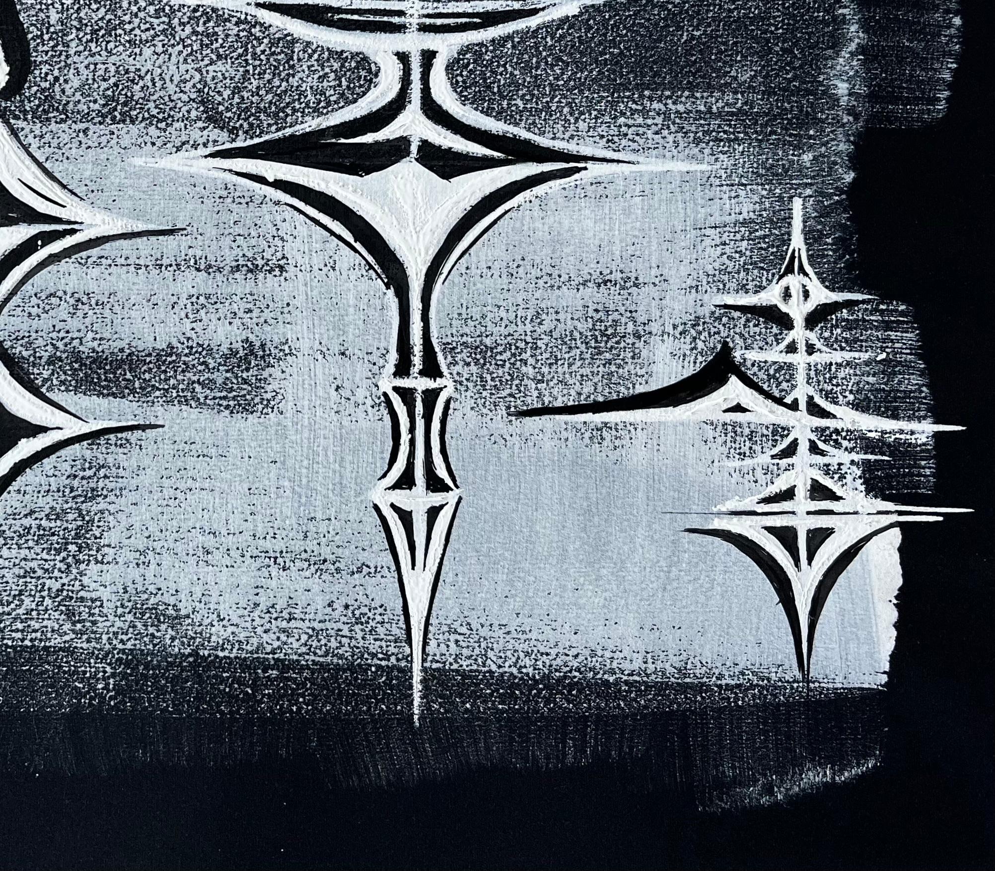 Mid Century Französisch abstrakte kosmische Komposition weiß auf schwarzem Papier im Angebot 1