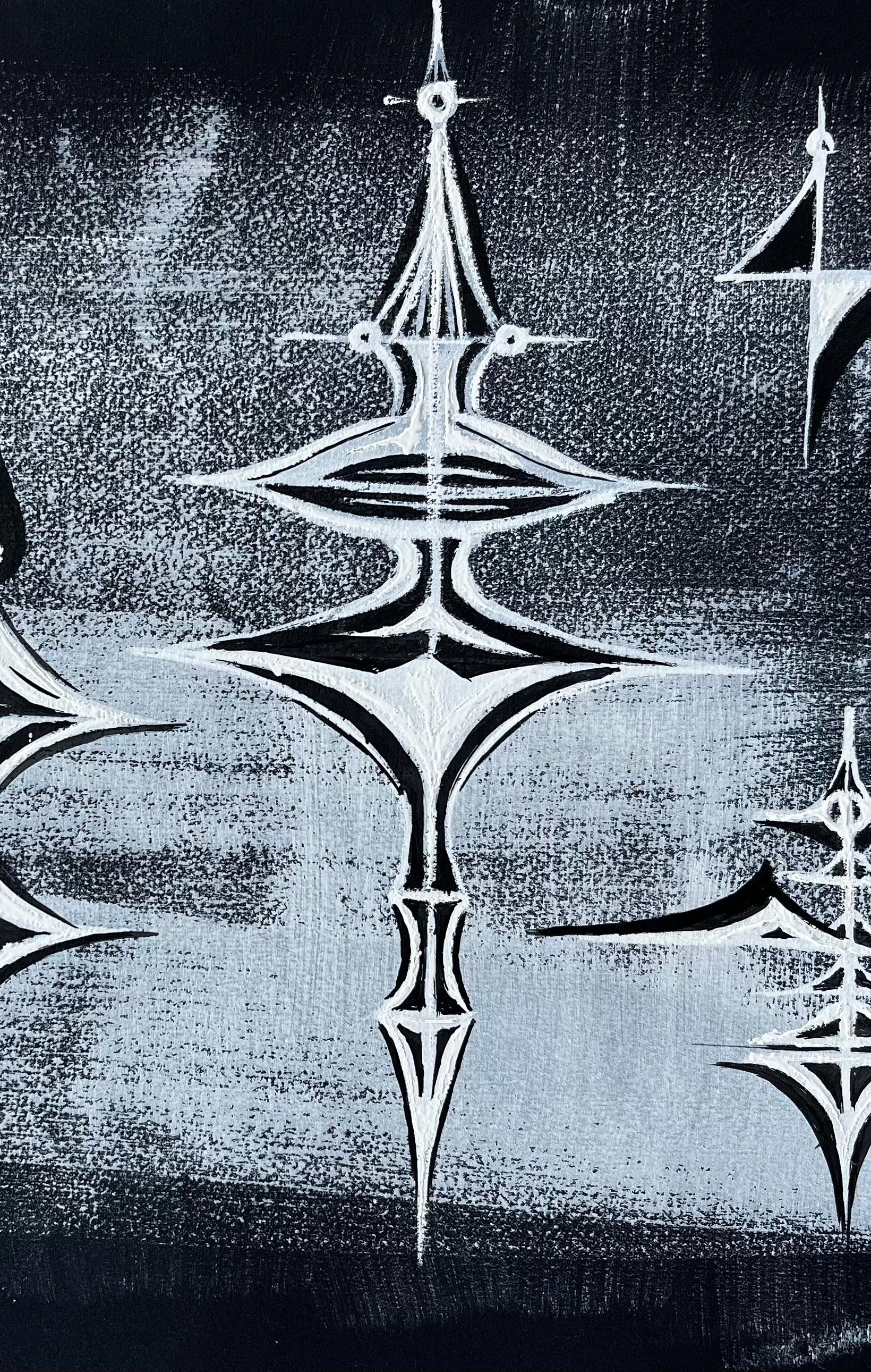 Mid Century Französisch abstrakte kosmische Komposition weiß auf schwarzem Papier im Angebot 2