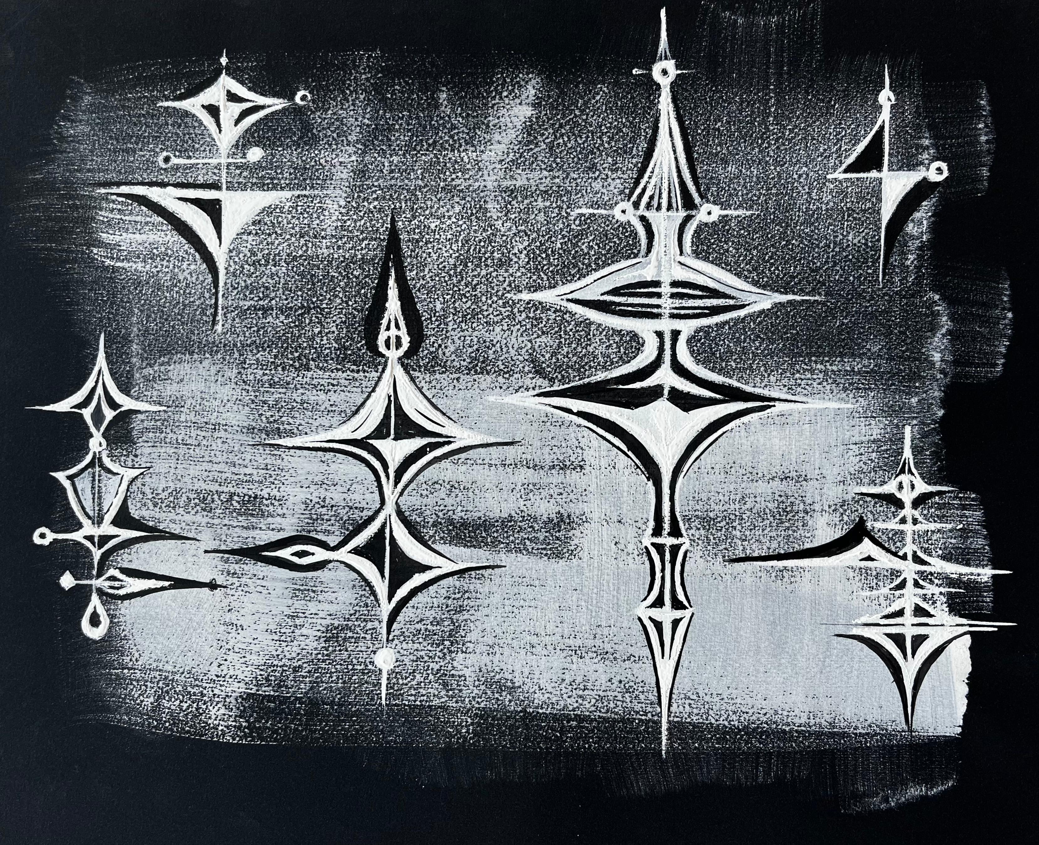 Mid Century French Abstract Cosmic Composition White on Black Paper