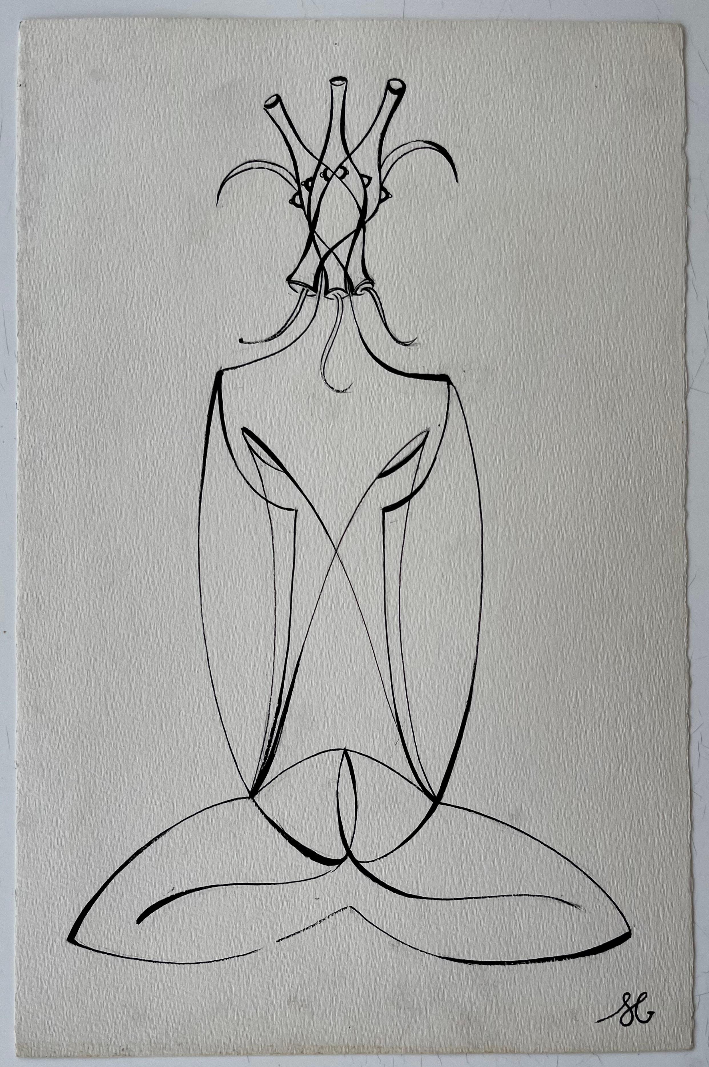 Mid Century French Abstract Line Drawing Seated Figure Ink on Paper - Painting by Serge Guerin (1916)