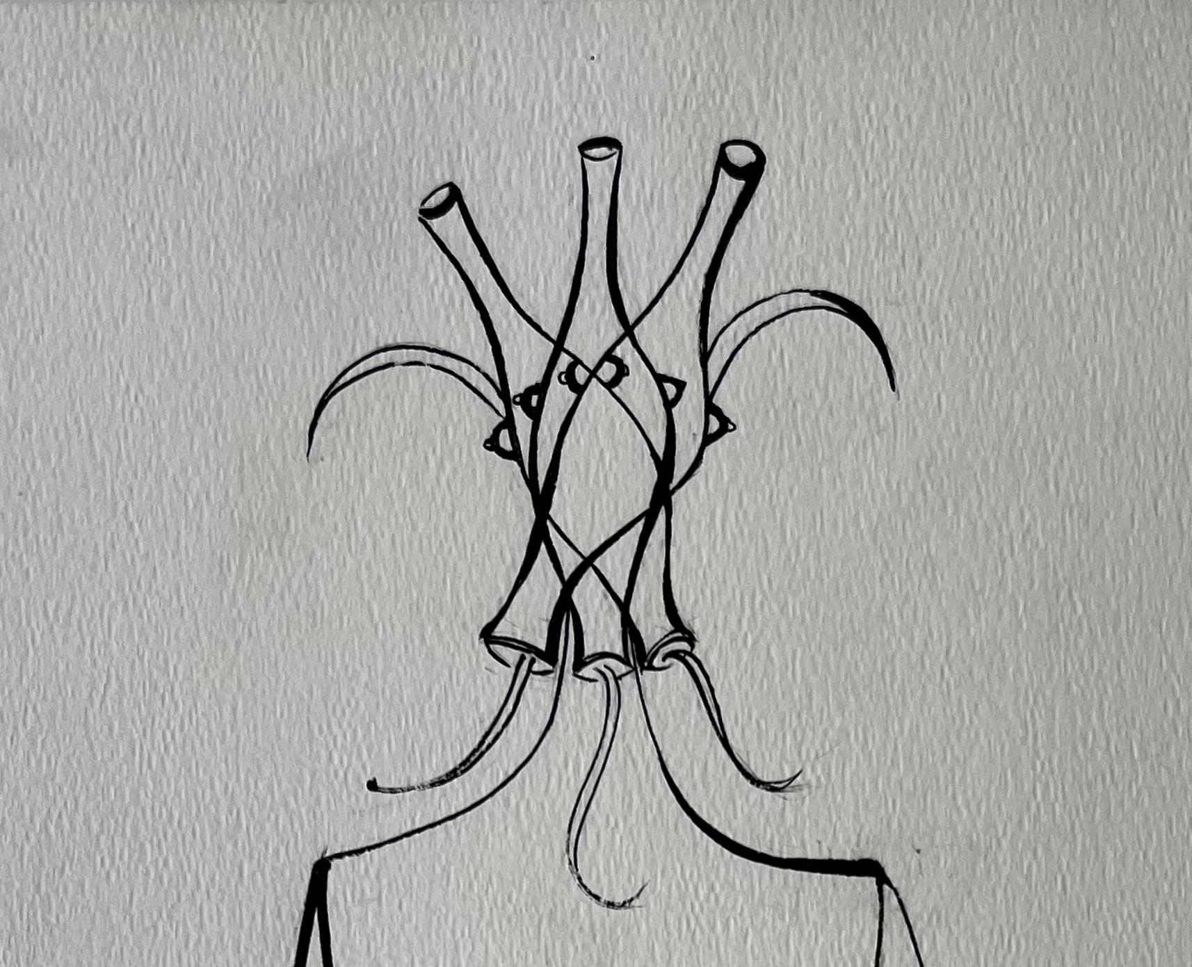 Mid Century French Abstract Line Drawing Seated Figure Ink on Paper - Abstract Geometric Painting by Serge Guerin (1916)