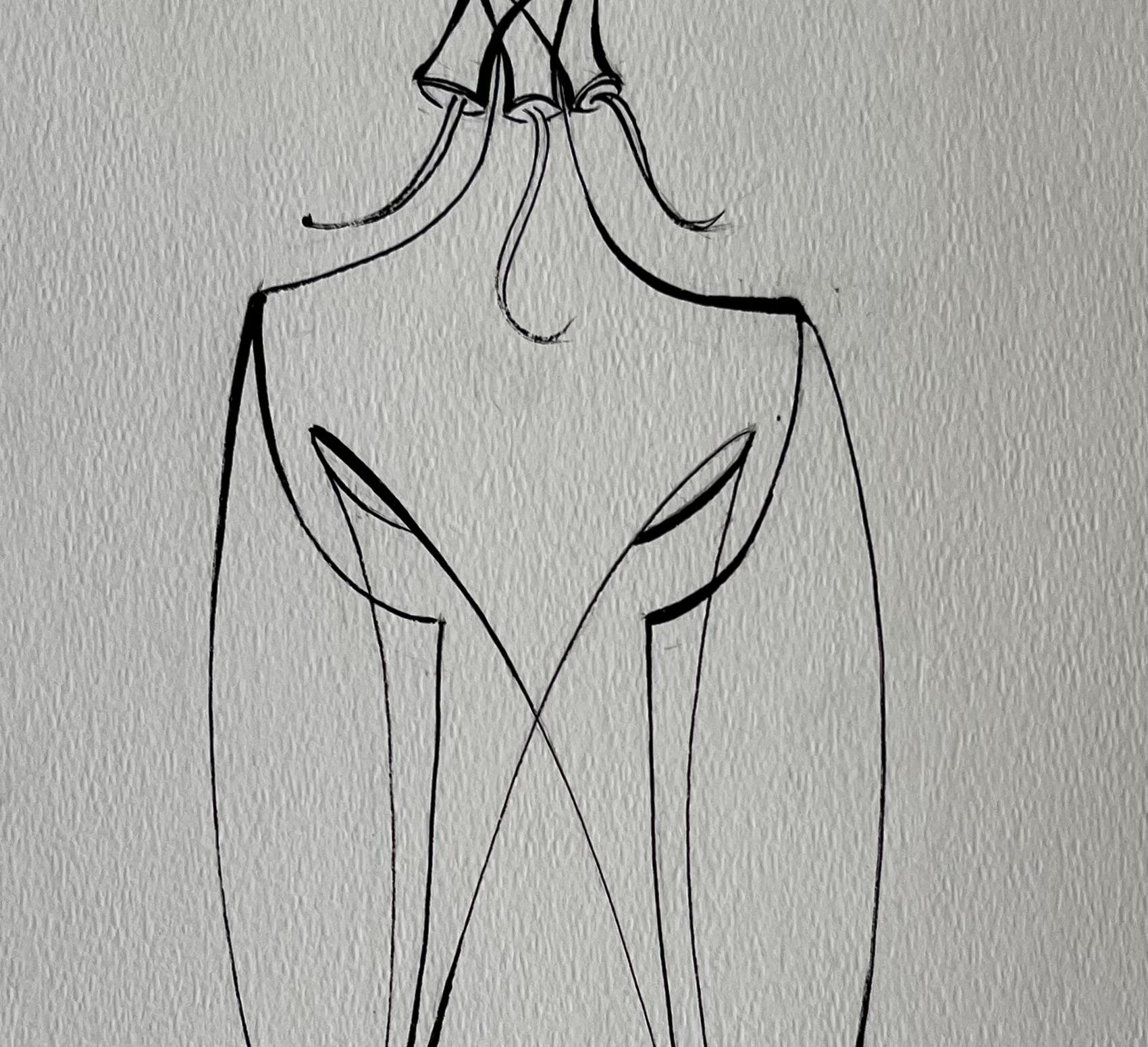 Mid Century French Abstract Line Drawing Seated Figure Ink on Paper - Gray Abstract Painting by Serge Guerin (1916)