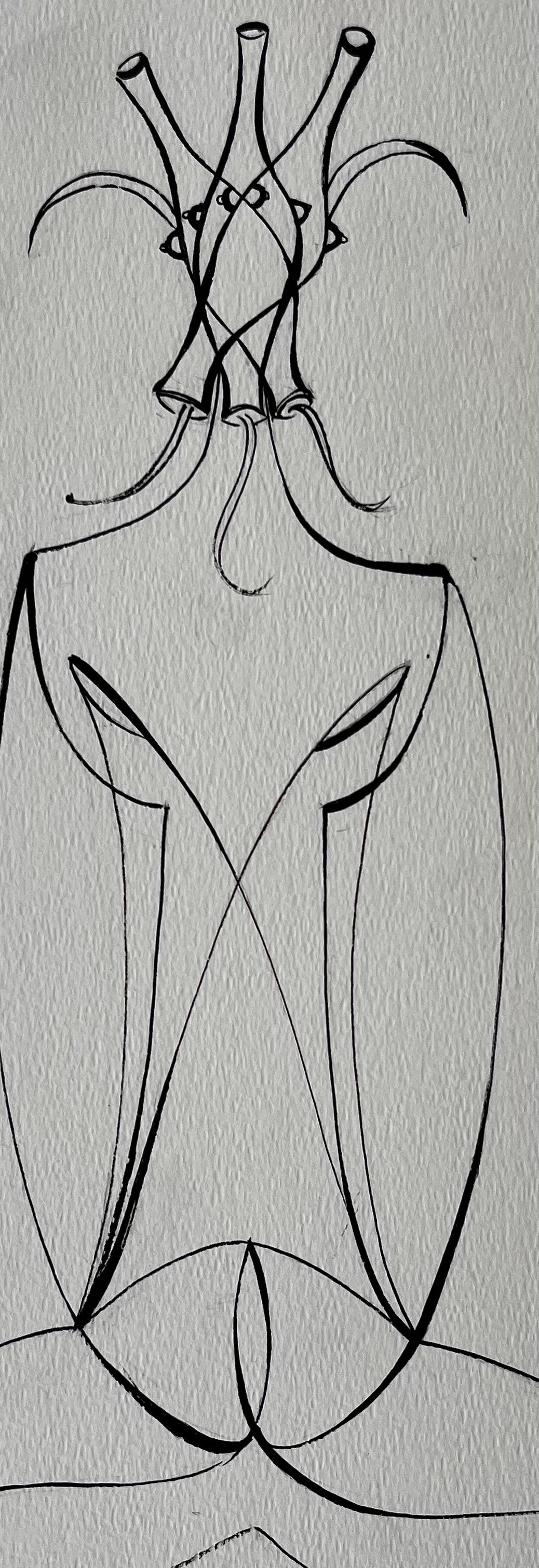 Mid Century French Abstract Line Drawing Seated Figure Ink on Paper For Sale 1