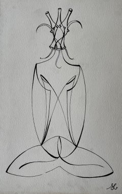 Mid Century French Abstract Line Drawing Seated Figure Ink on Paper