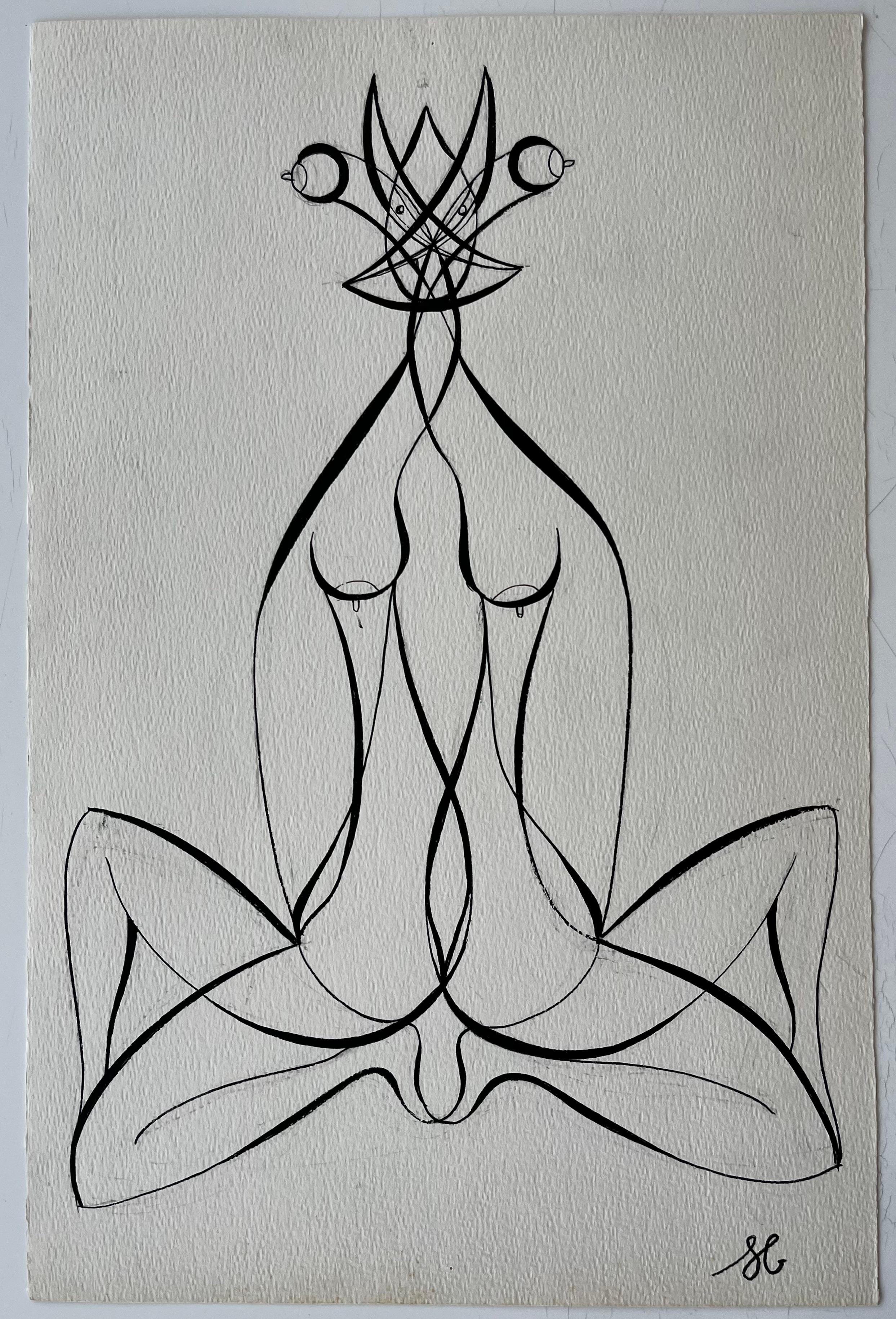 Mid Century French Abstract Line Drawing Twin Female Figures Ink on Paper - Painting by Serge Guerin (1916)