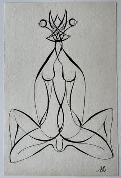 Disegno astratto astratto di metà secolo francese Figure femminili gemelle Inchiostro su carta