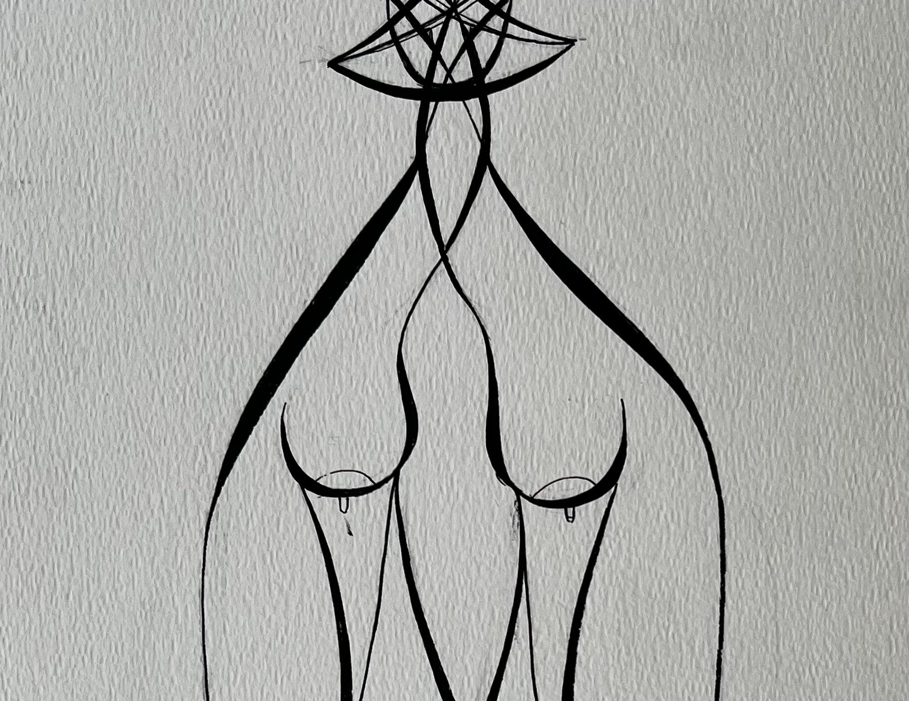 Mid Century French Abstract Line Drawing Twin Female Figures Ink on Paper - Gray Abstract Painting by Serge Guerin (1916)