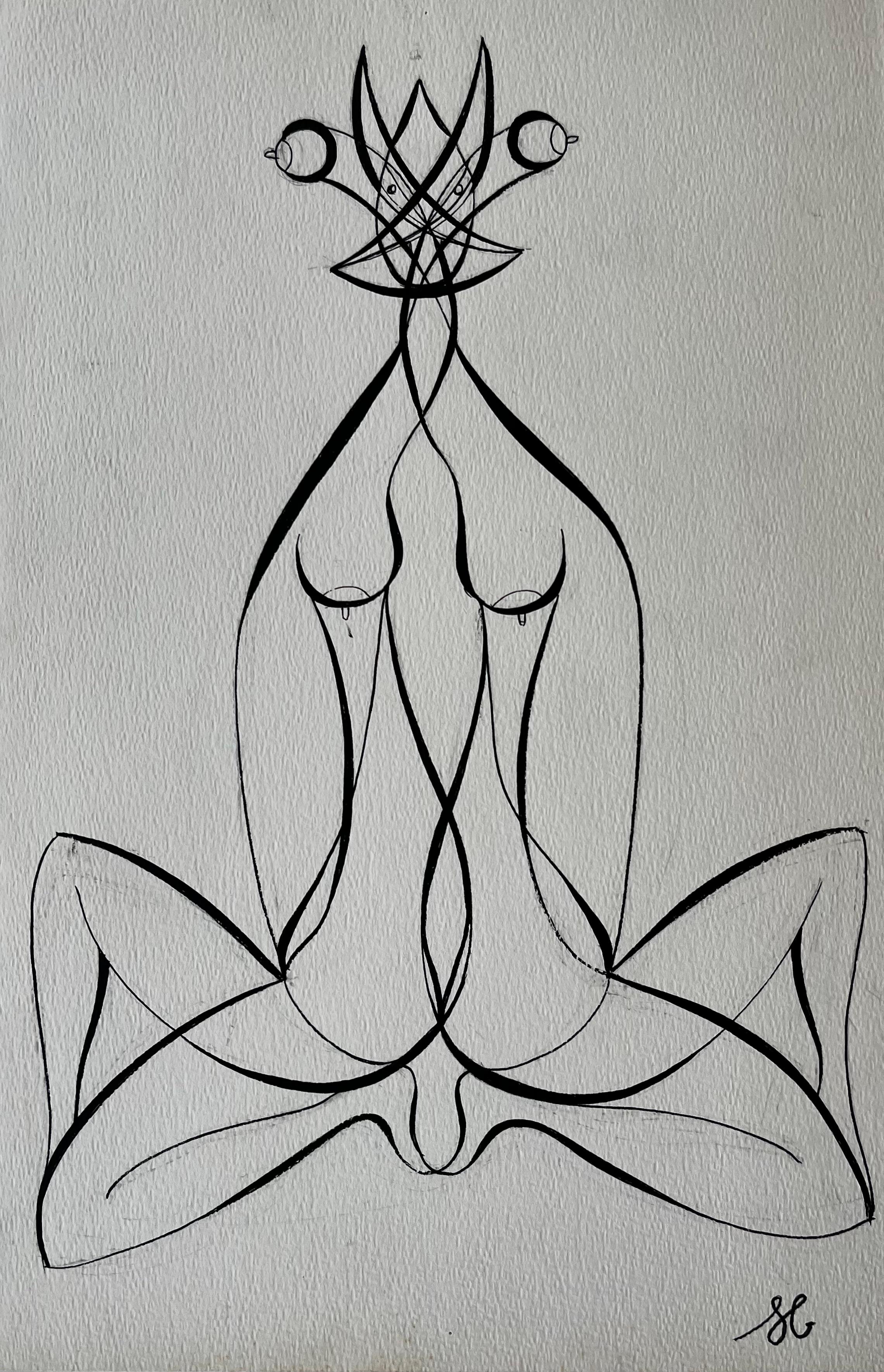 Mid Century French Abstract Line Drawing Twin Female Figures Ink on Paper