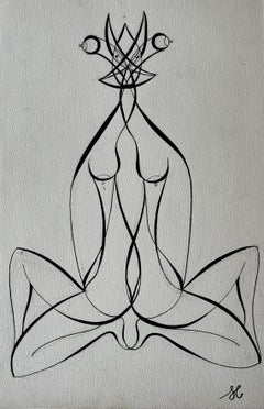 Mid Century French Abstract Line Drawing Twin Female Figures Ink on Paper