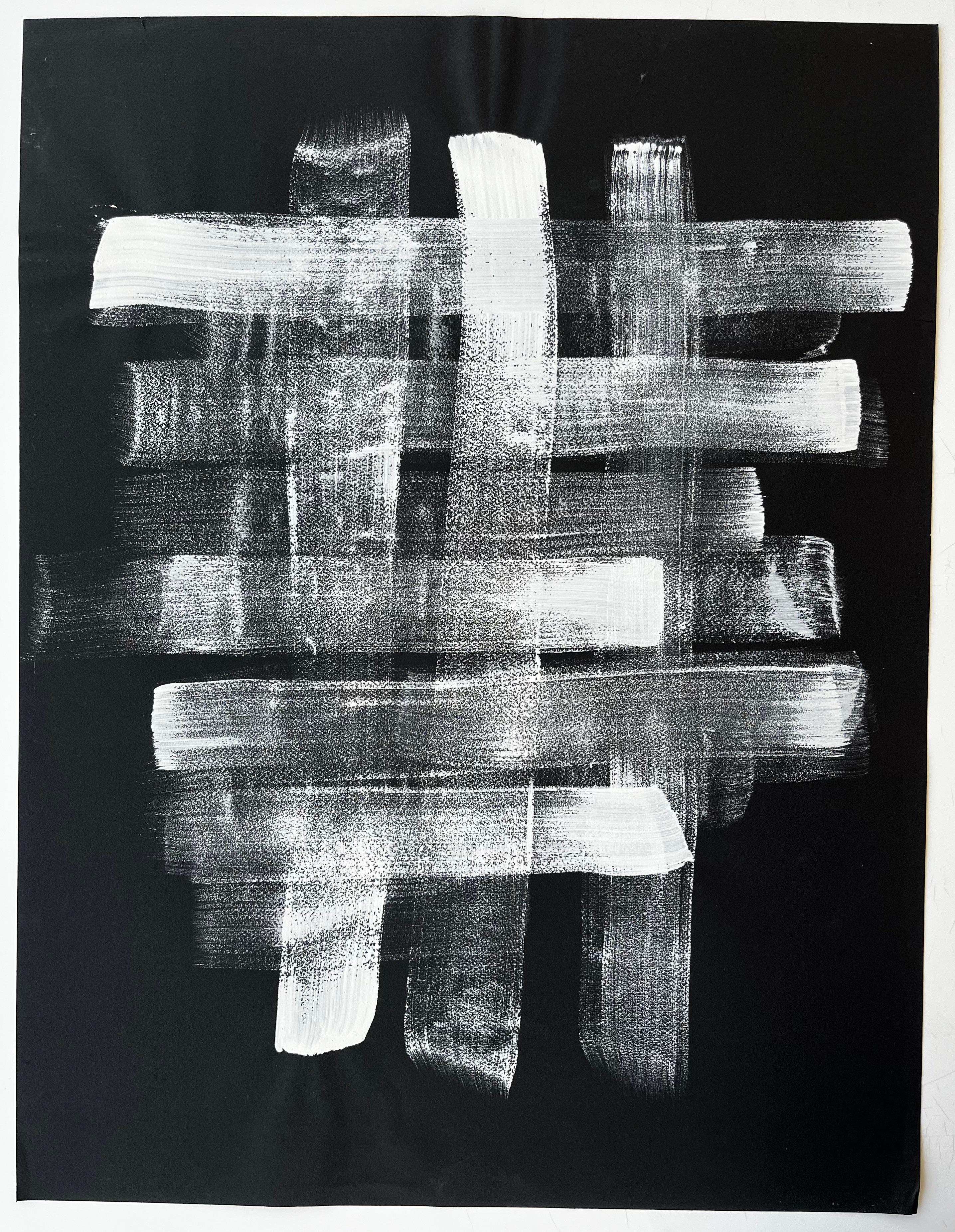 Mid Century French Abstract Monochrome Grid Composition White on Black Paper - Painting by Serge Guerin (1916)