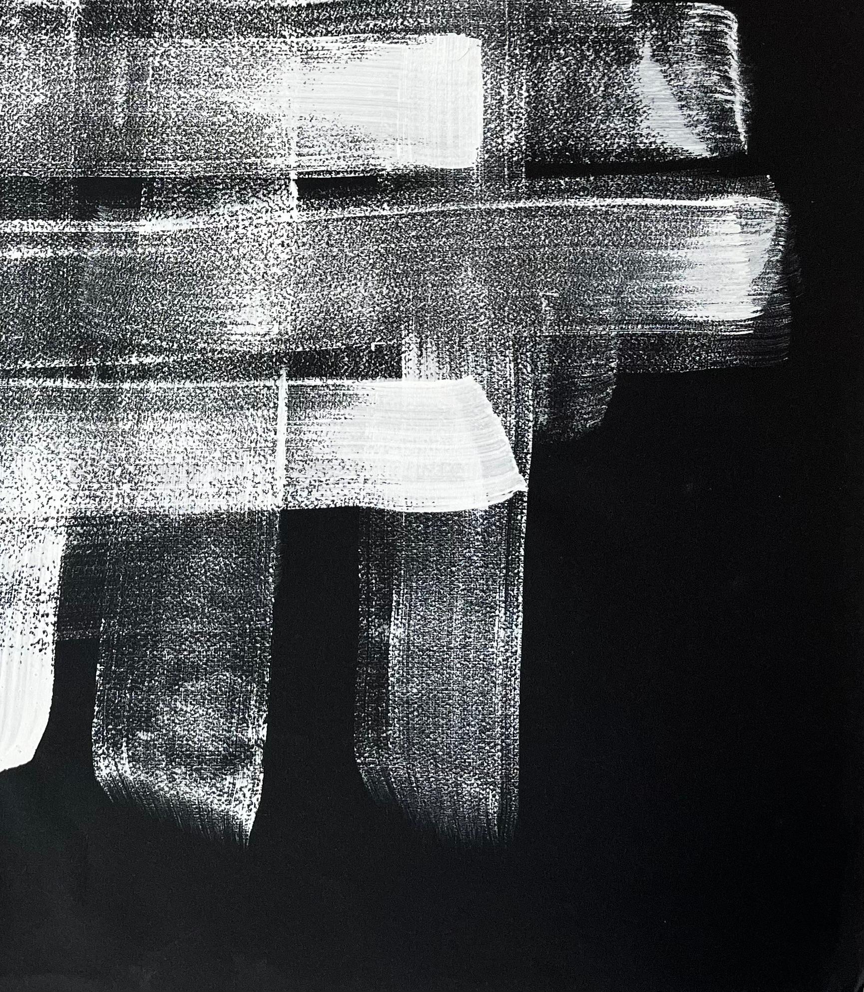 Mid Century French Abstract Monochrome Grid Composition White on Black Paper - Abstract Geometric Painting by Serge Guerin (1916)