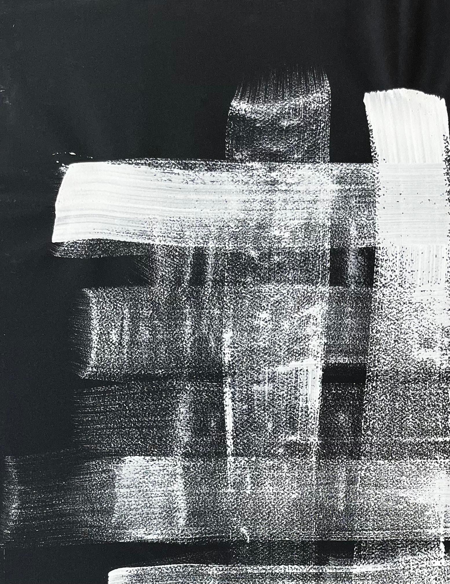 Mid Century French Abstract Monochrome Grid Composition White on Black Paper For Sale 1