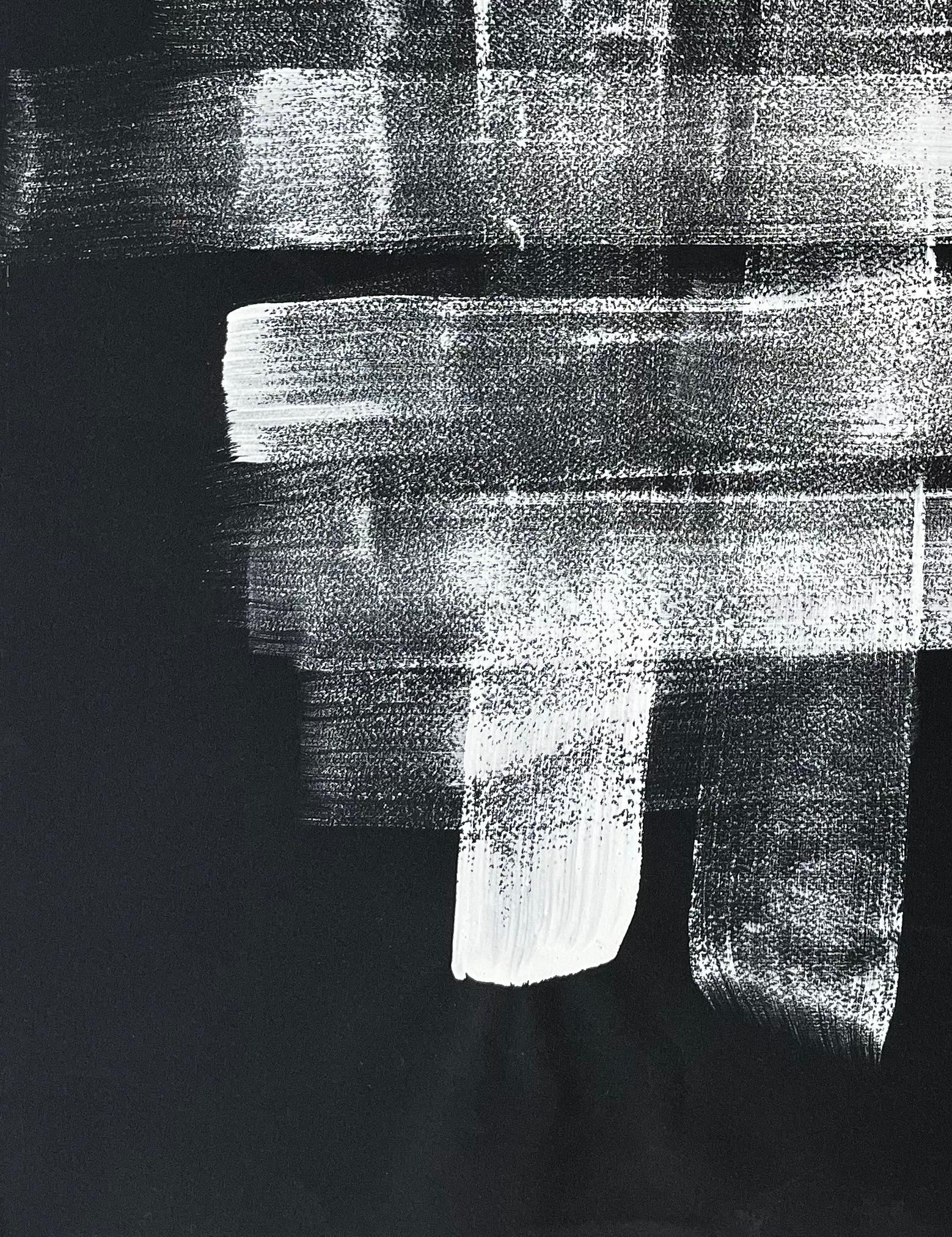 Mid Century French Abstract Monochrome Grid Composition White on Black Paper For Sale 2