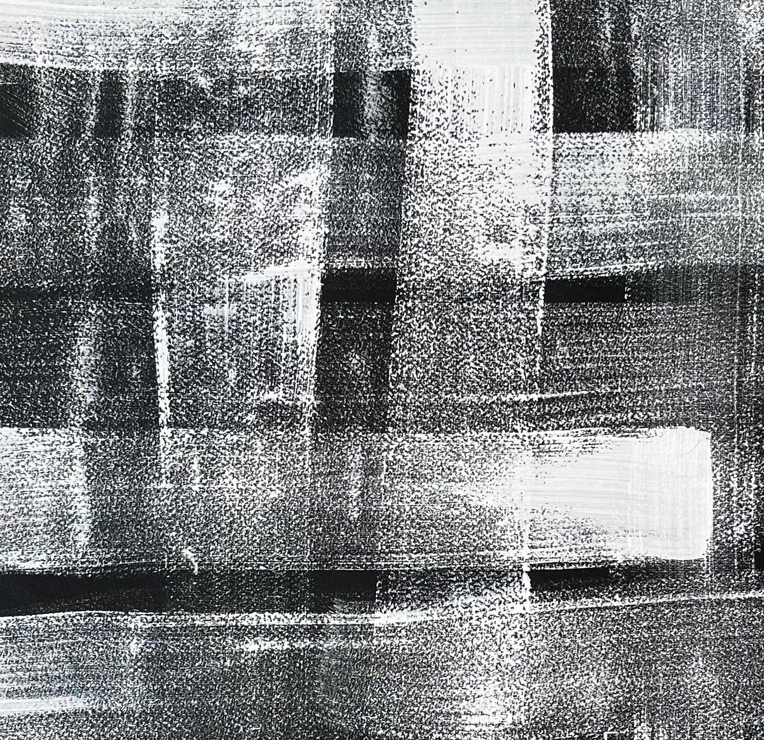 Mid Century French Abstract Monochrome Grid Composition White on Black Paper For Sale 3