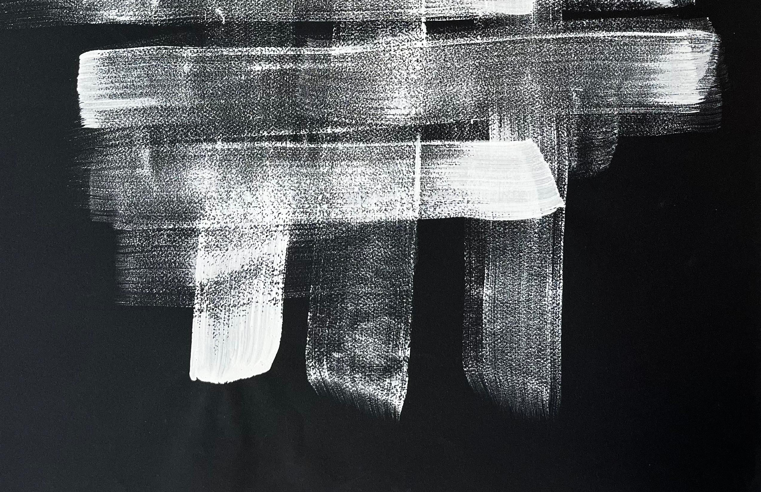 Mid Century French Abstract Monochrome Grid Composition White on Black Paper For Sale 4
