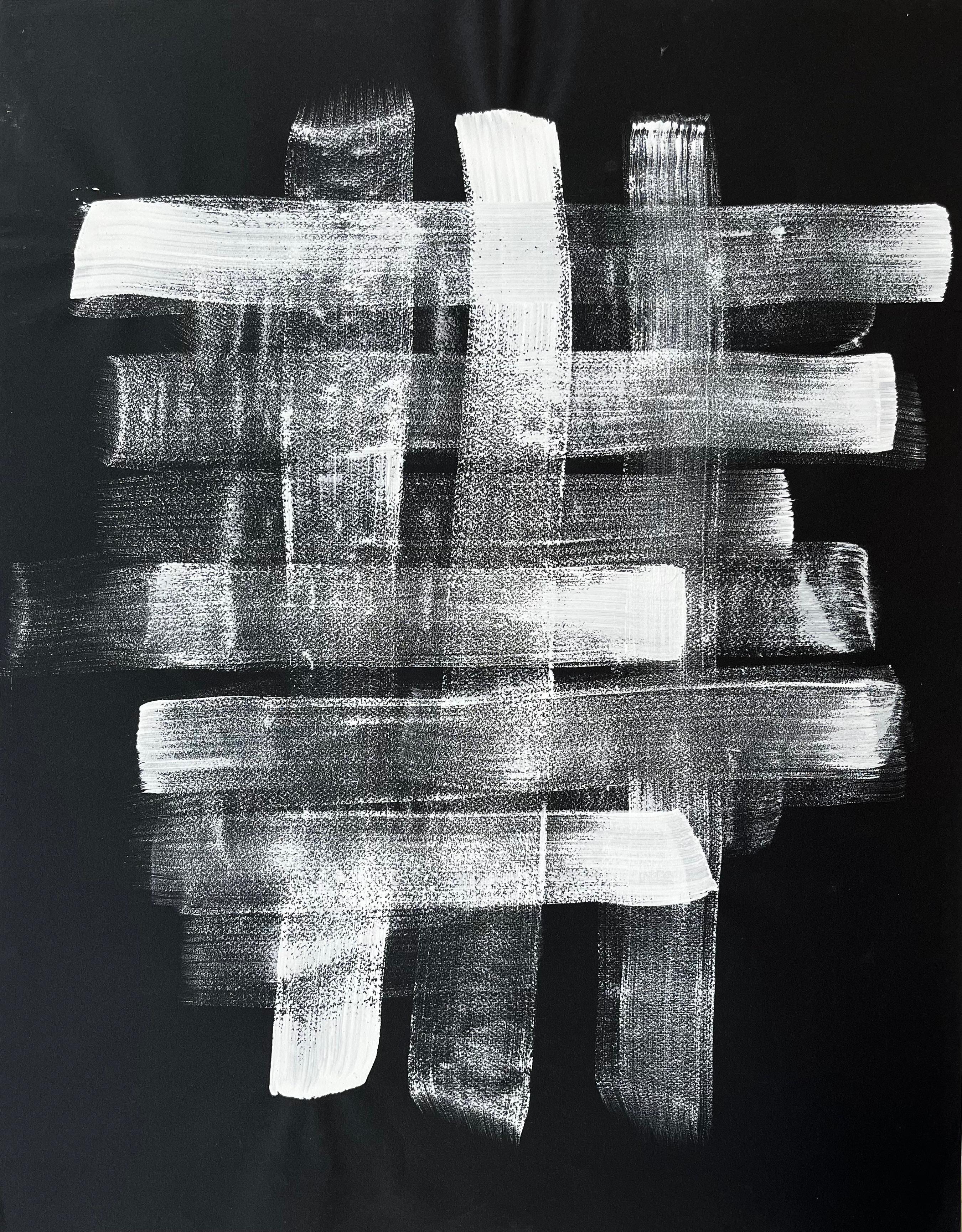 Serge Guerin (1916) Abstract Painting - Mid Century French Abstract Monochrome Grid Composition White on Black Paper