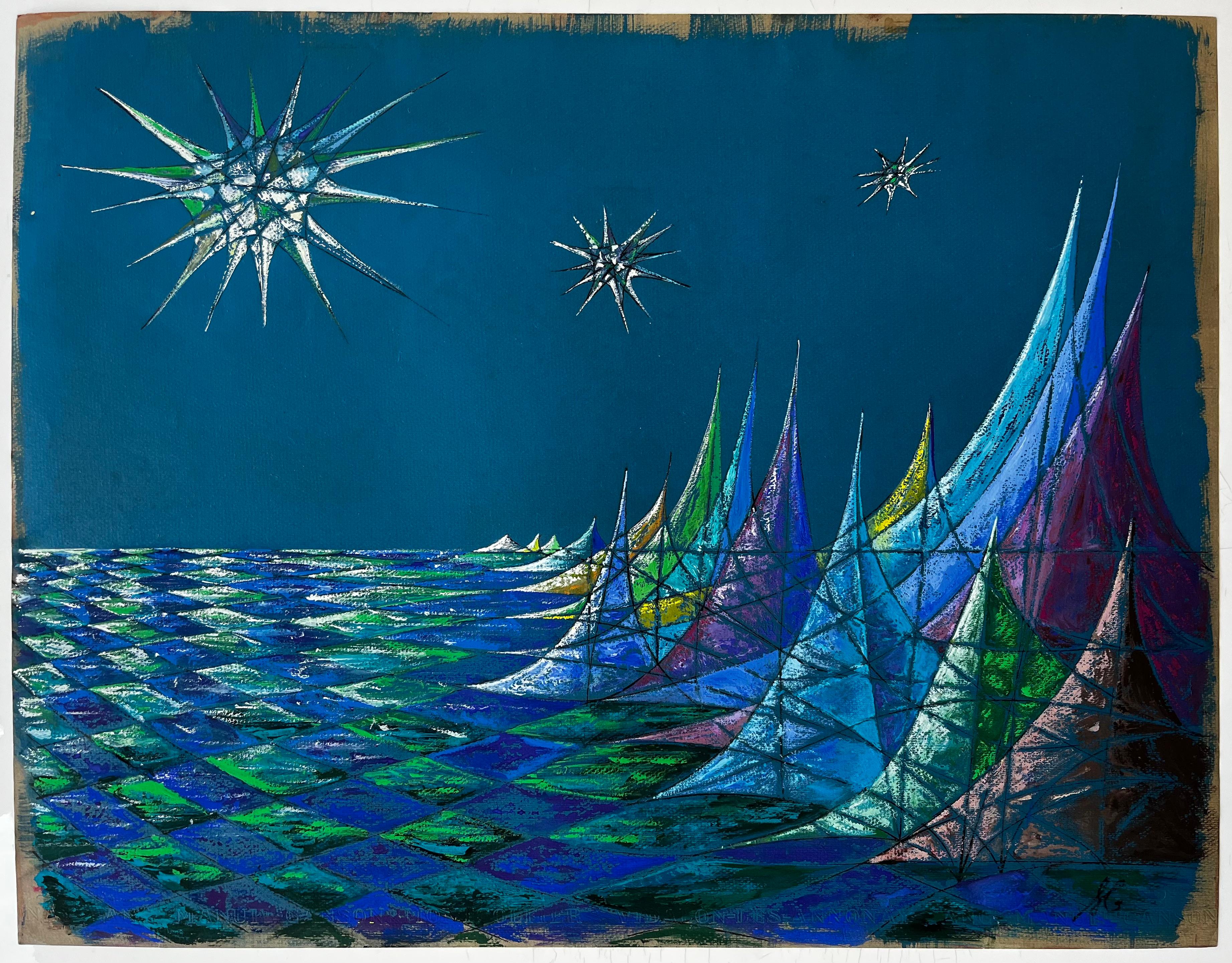 Mid Century French Abstract Seascape in Blue and Green Signed SG (Geometrische Abstraktion), Art, von Serge Guerin (1916)