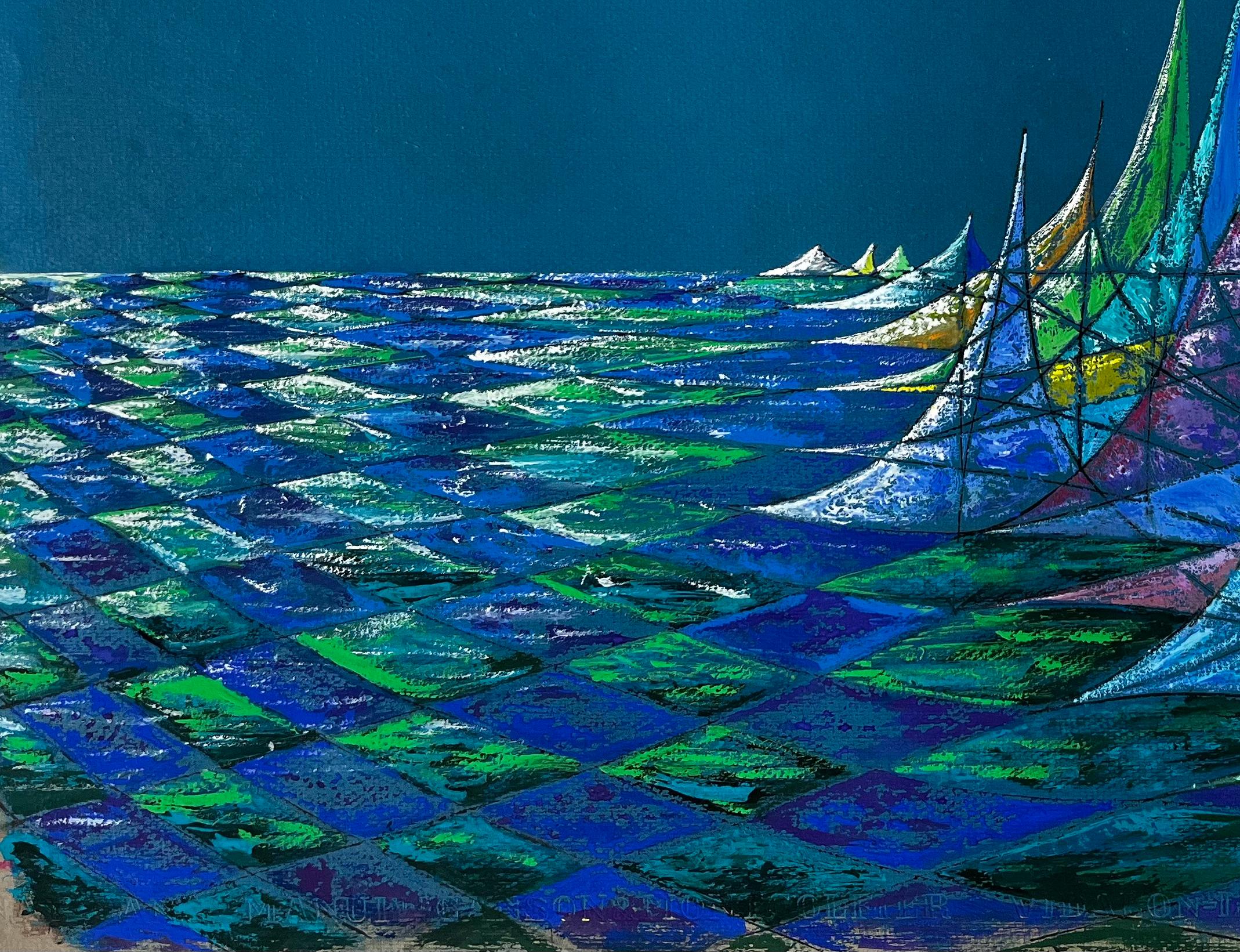 Mid Century French Abstract Seascape in Blue and Green Signed SG im Angebot 3