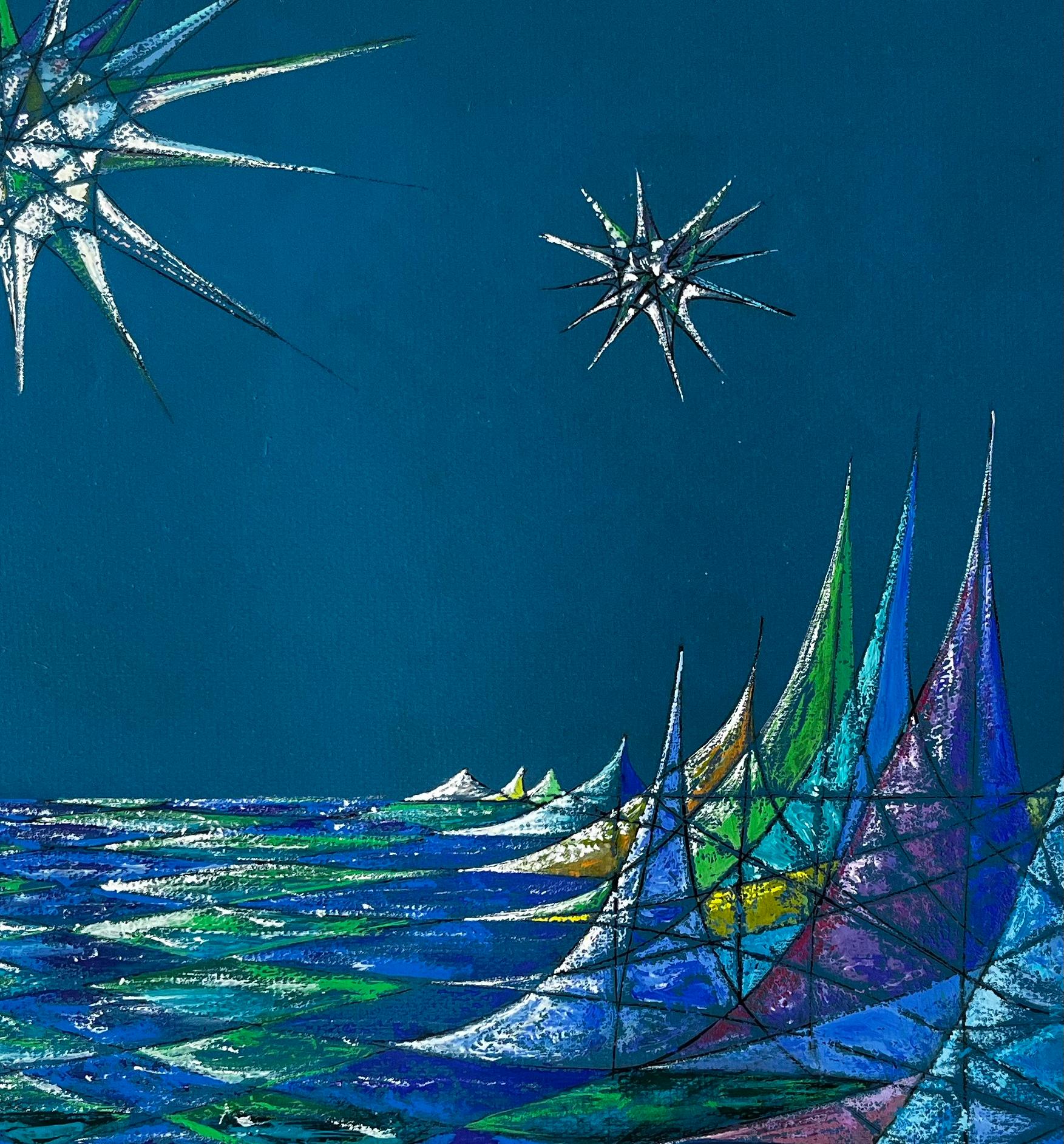 Mid Century French Abstract Seascape in Blue and Green Signed SG im Angebot 4