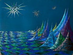 Mid Century French Abstract Seascape in Blue and Green Signed SG