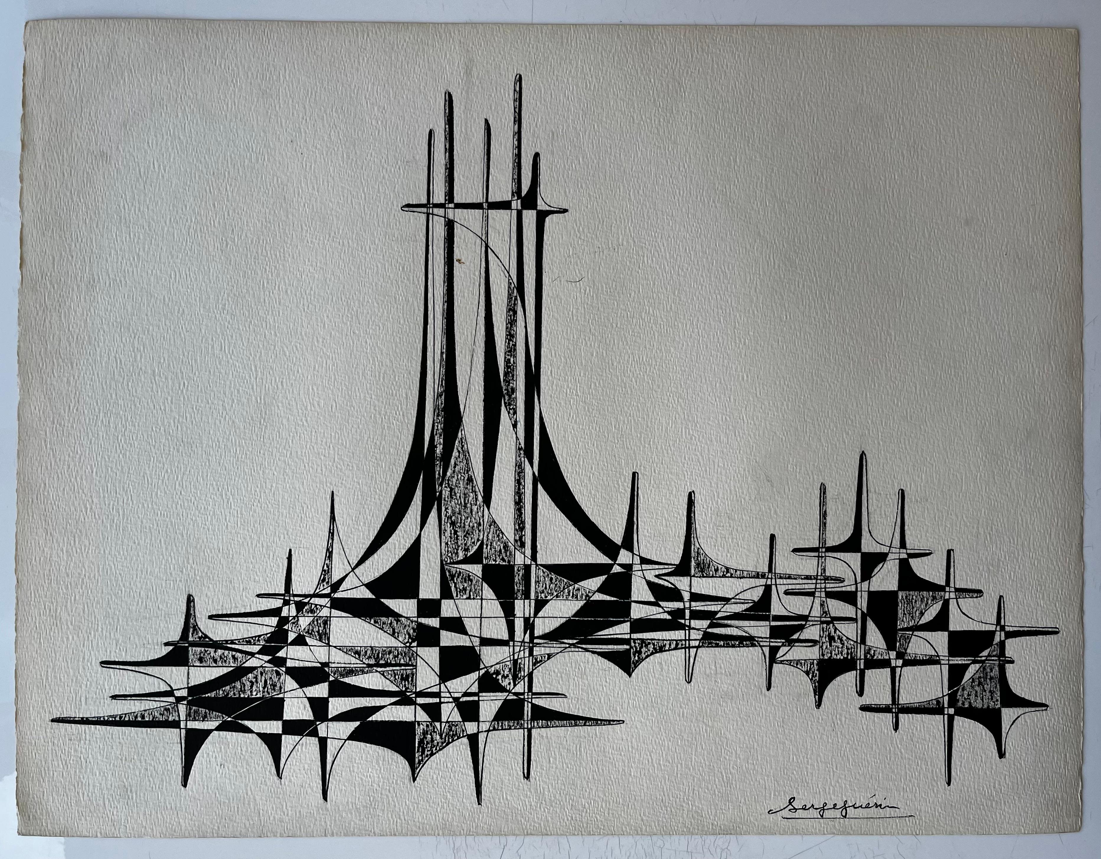 Mid Century French Architectural Abstract Ink Drawing Signed Serge Guerin - Abstract Geometric Art by Serge Guerin (1916)