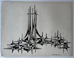 Mid Century French Architectural Abstract Ink Drawing Signed Serge Guerin