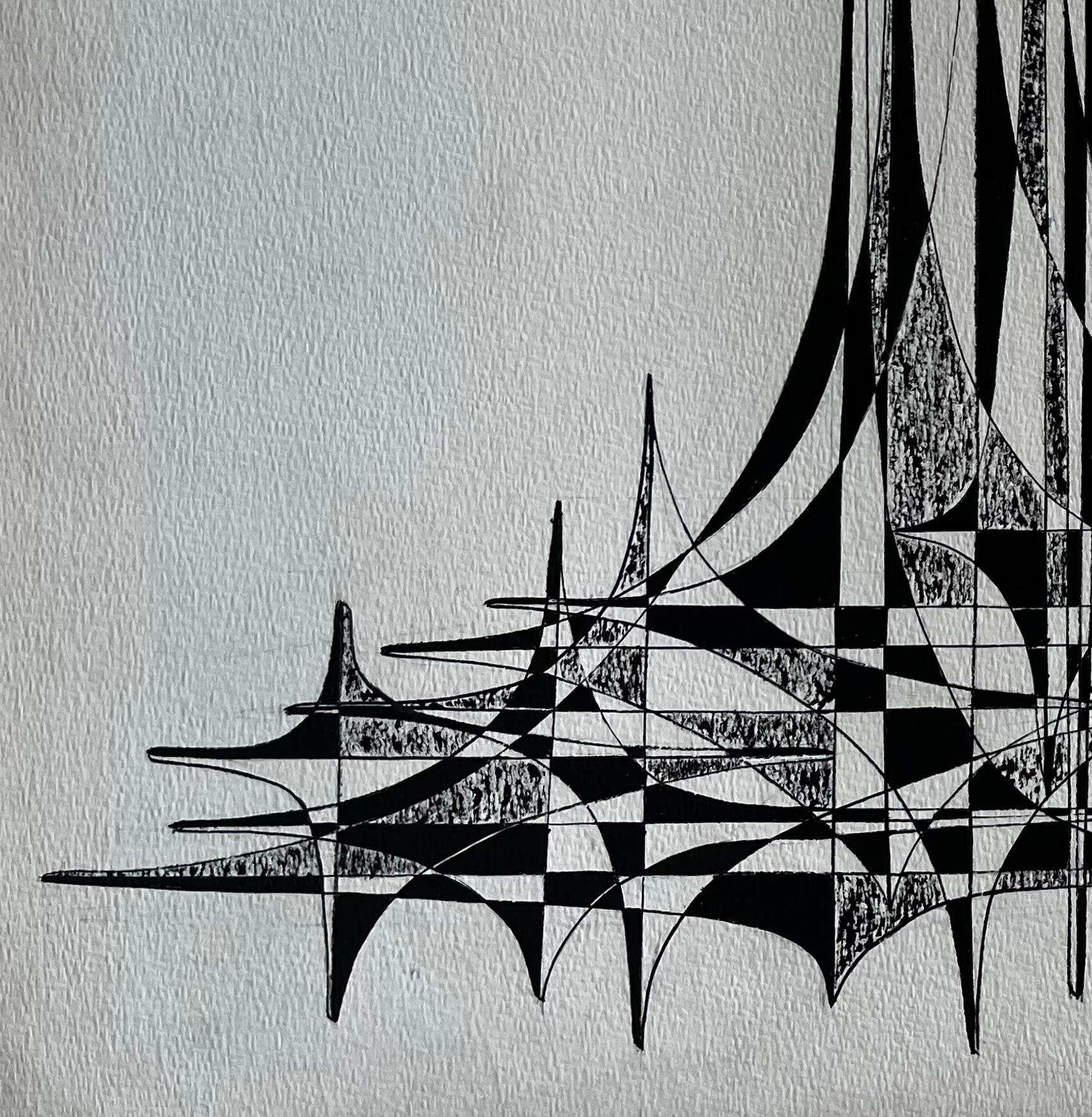 Mid Century French Architectural Abstract Ink Drawing Signed Serge Guerin For Sale 1